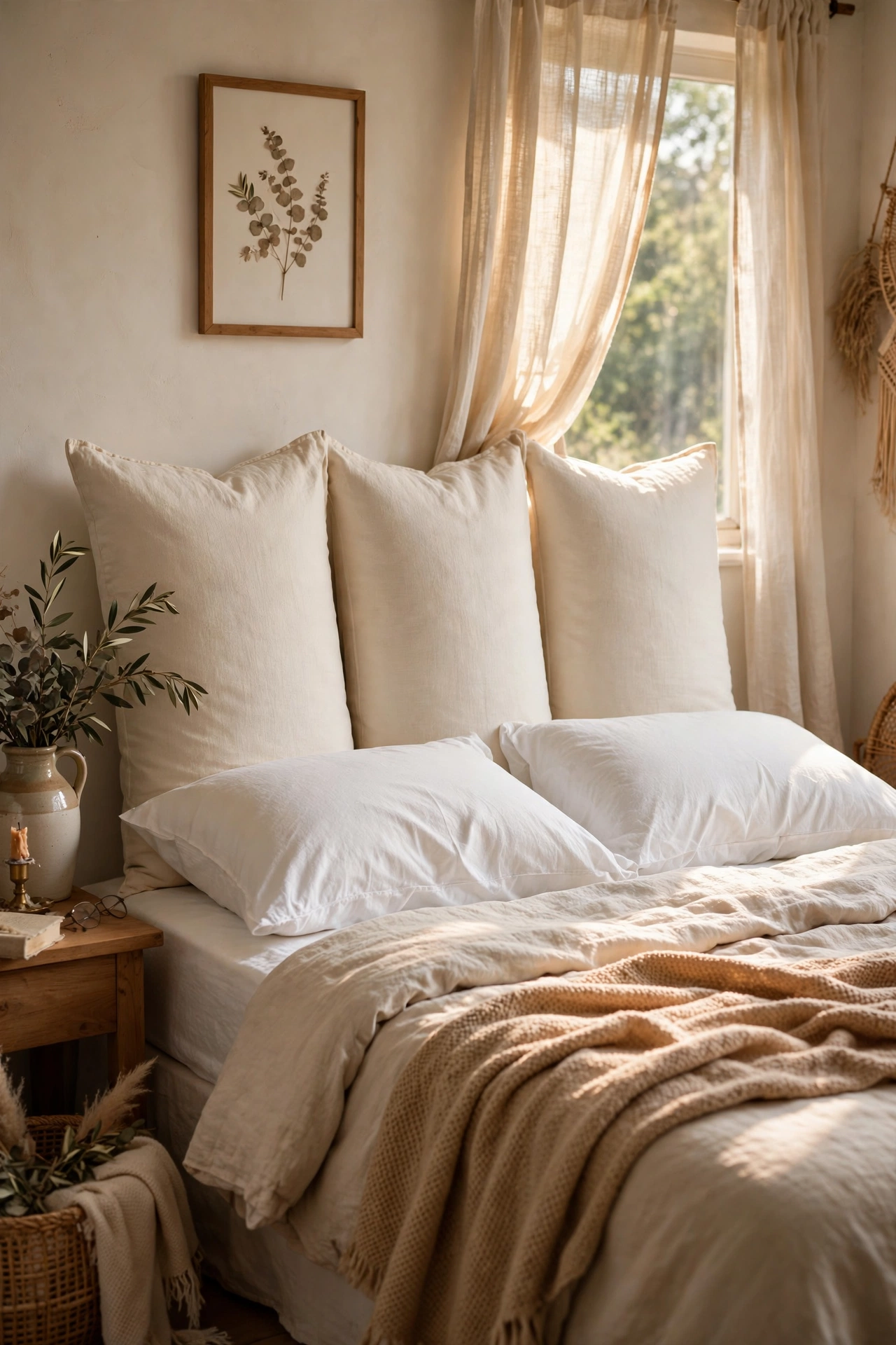 Cream euro shams standing behind white sleeping pillows on a bed