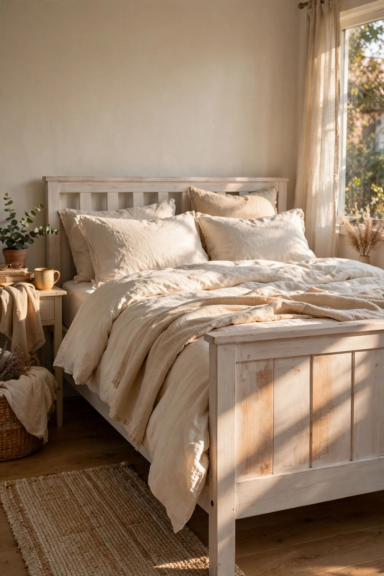 Wooden bed frame given a warm white whitewash finish in a bright bedroom