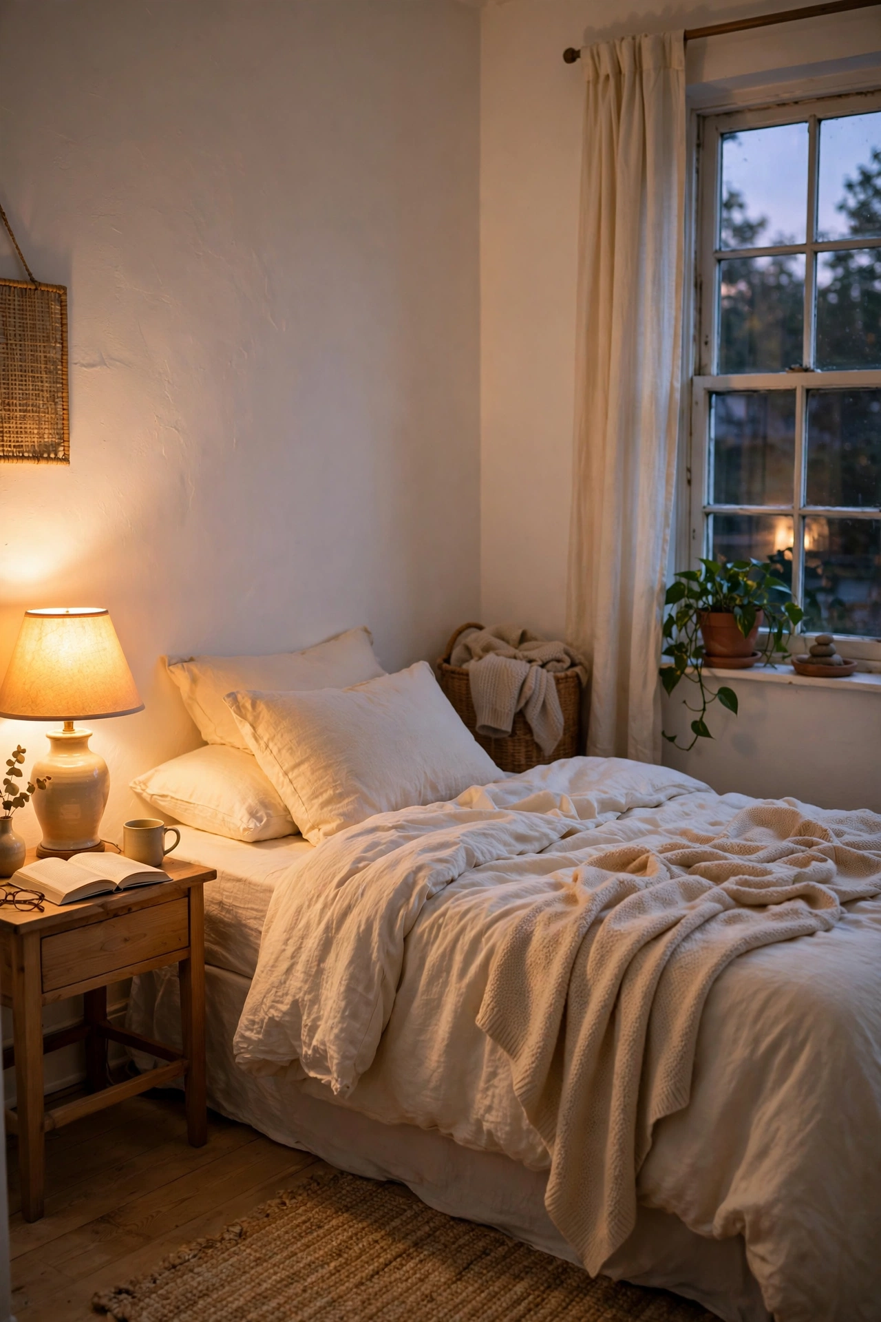 Bedroom walls painted warm white with a hint of cream in evening light