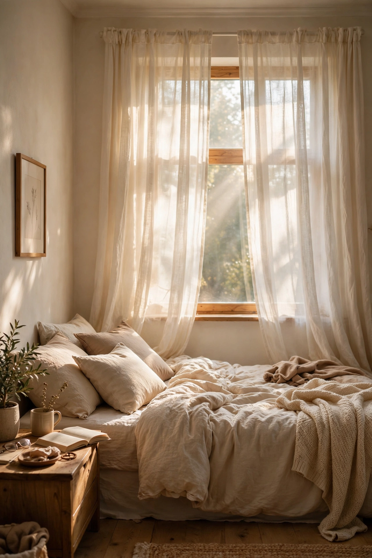 Sheer ivory curtains hung high and wide on a bedroom window