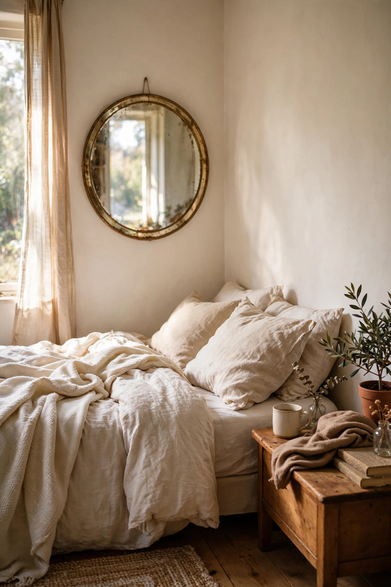 Round thrifted mirror hung across from a bedroom window reflecting light