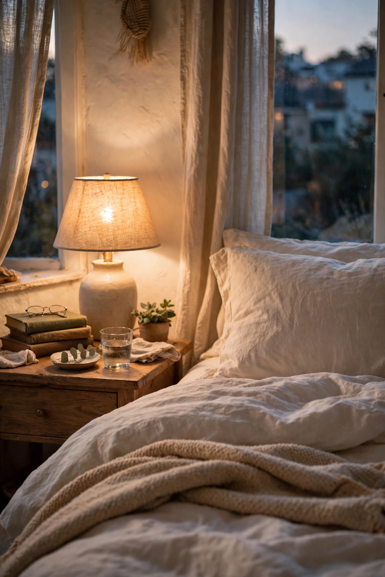 Bedside lamp glowing with a warm bulb beside a warm white bed
