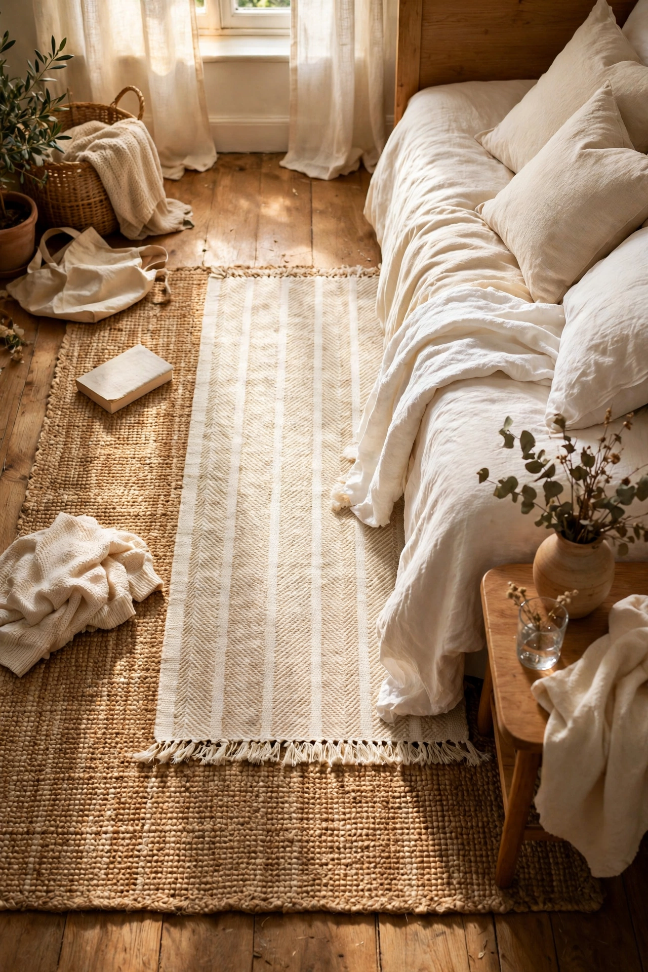 Jute rug layered under a cream runner beside a warm white bed