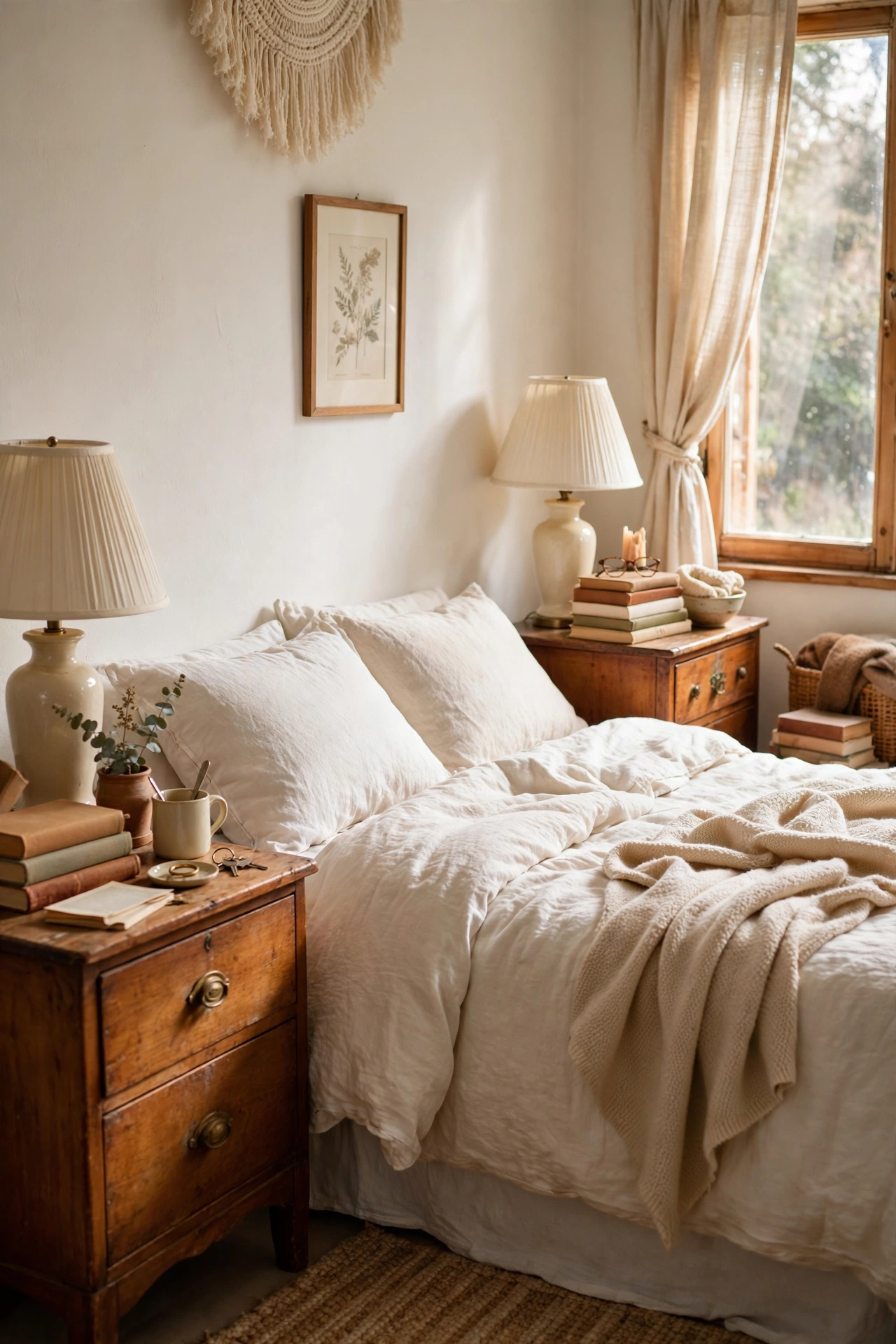 Two thrifted wooden nightstands with matching lamps beside a bed