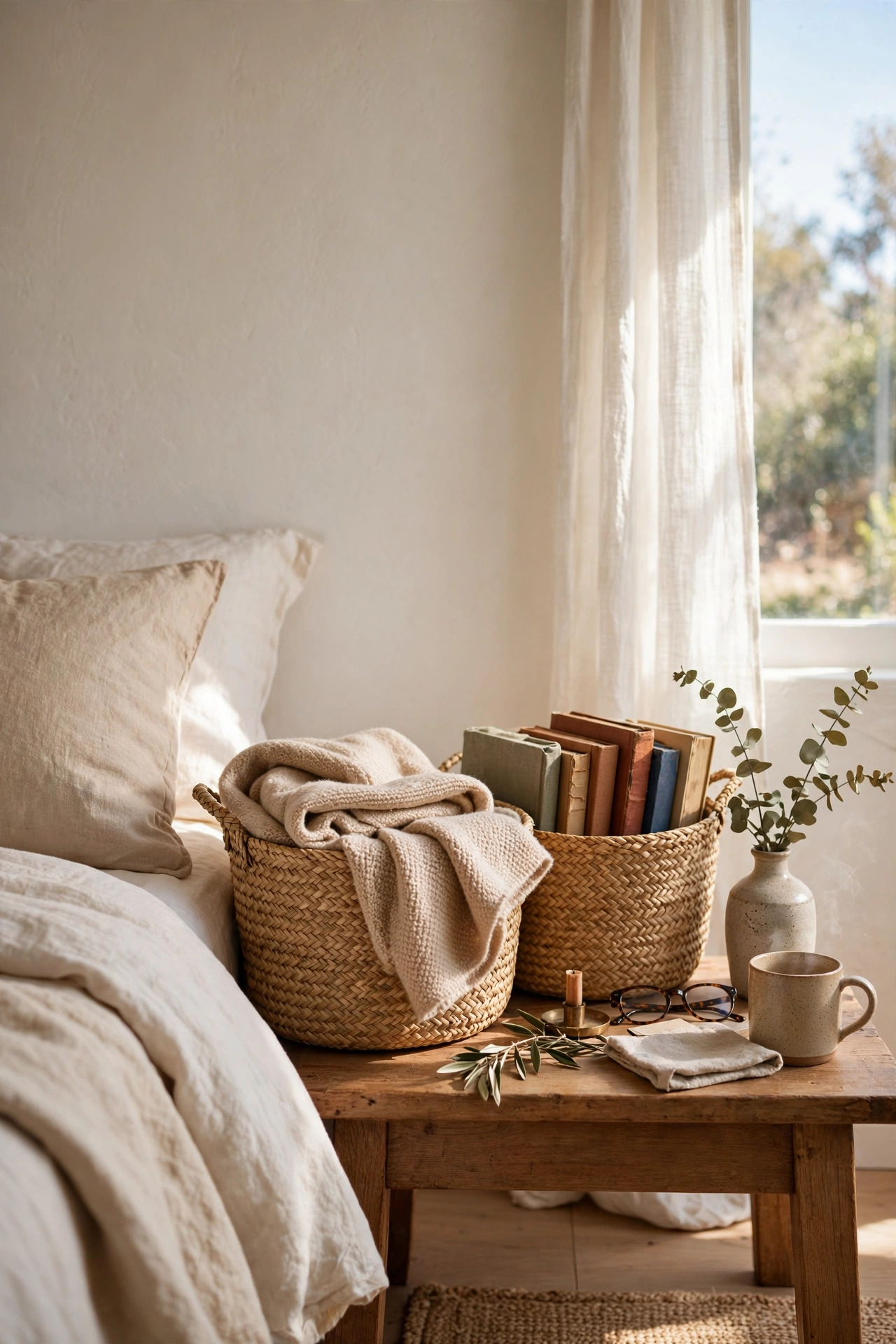 Seagrass baskets used as warm bedside storage beside a white bed