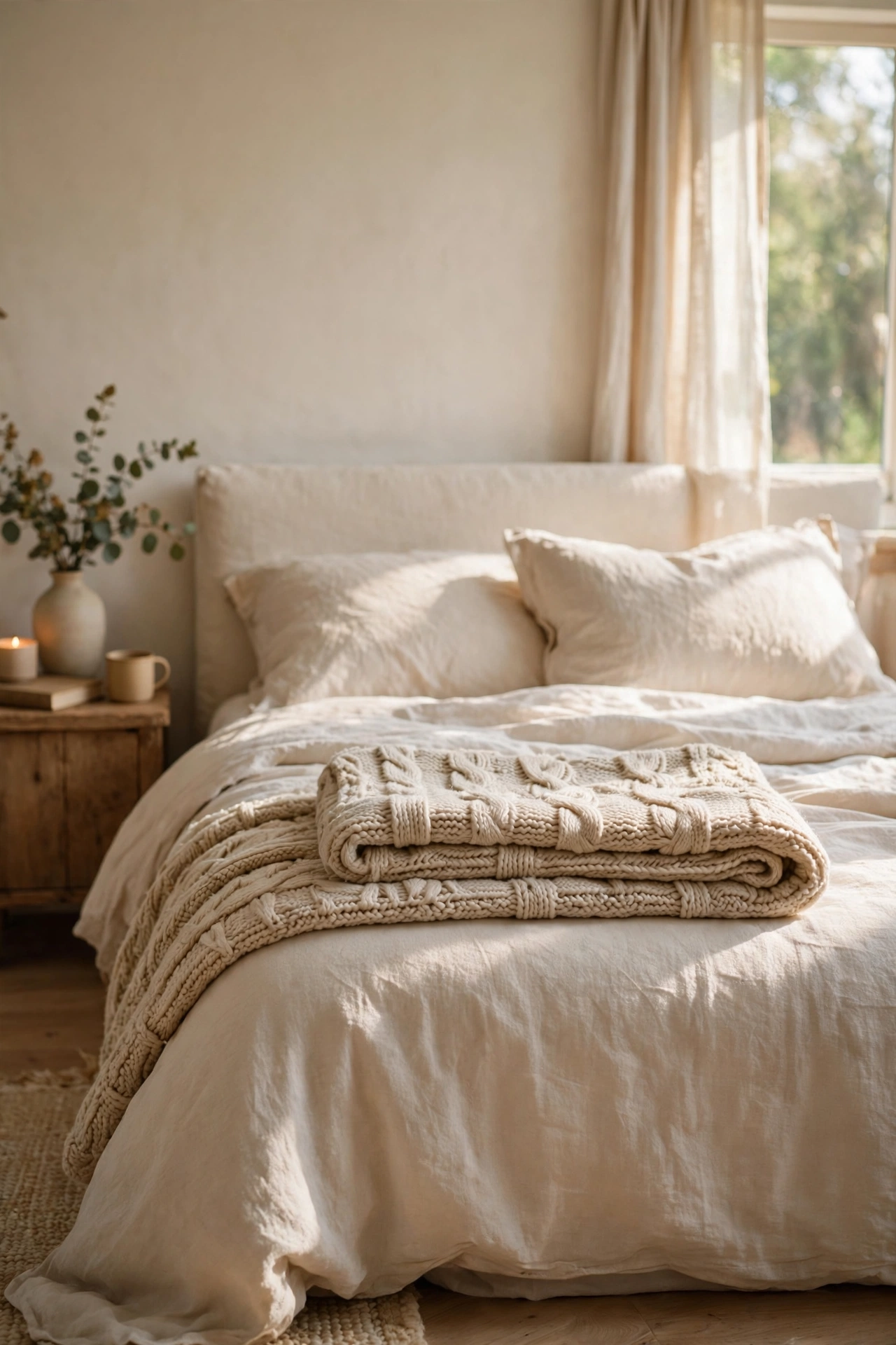 Oatmeal chunky knit throw folded at the foot of a warm white bed