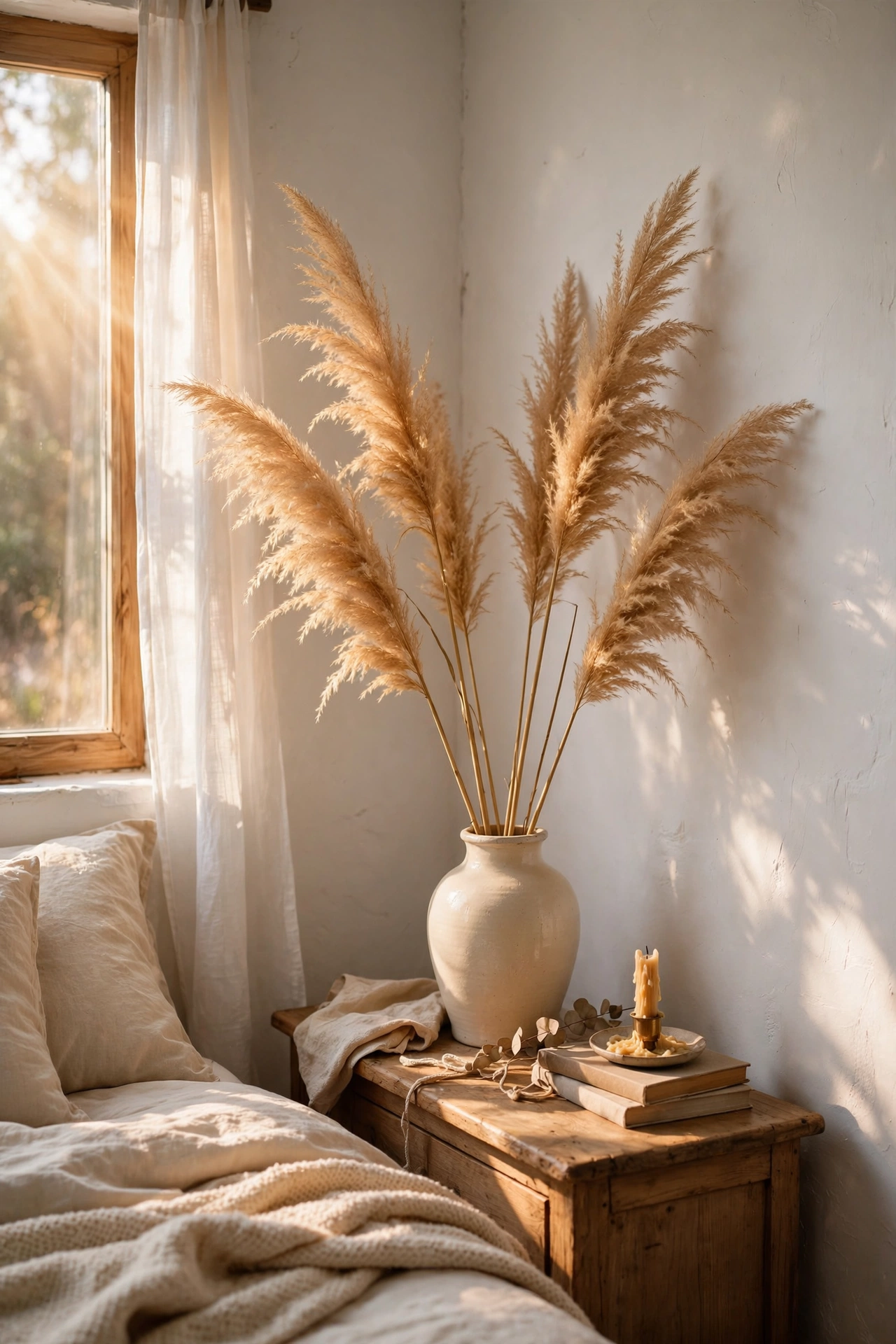 Dried pampas grass stems in a cream ceramic vase in a bedroom corner