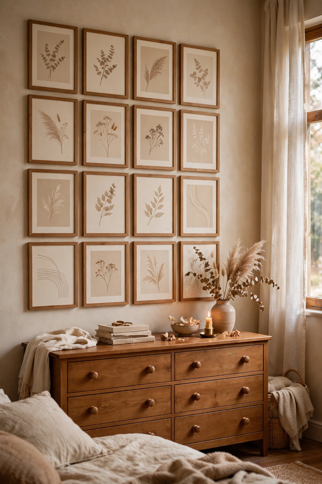 Gallery wall of warm-toned art prints in wood frames over a dresser