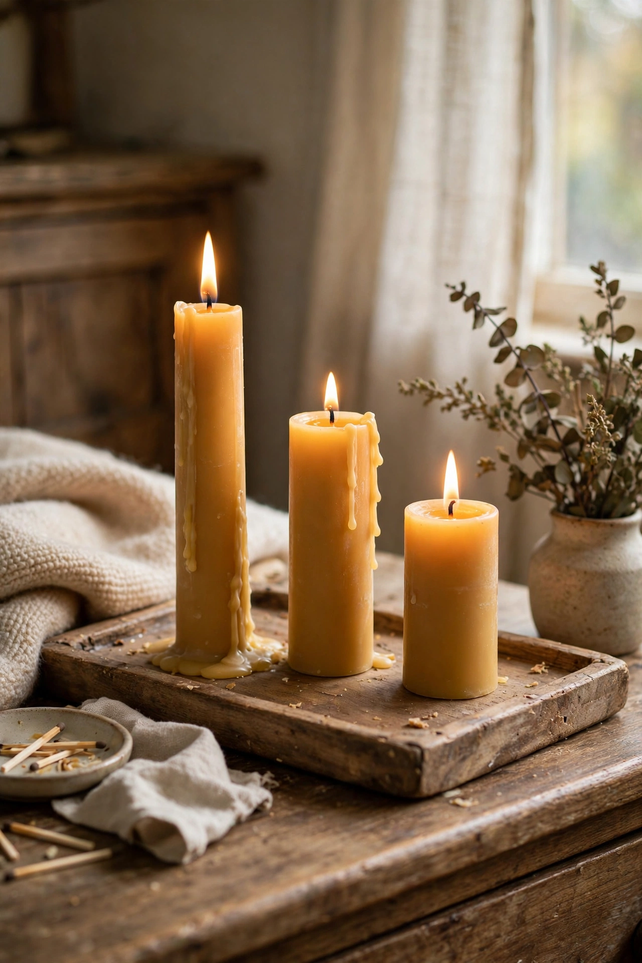 Beeswax candles in three heights on a wooden tray on a dresser