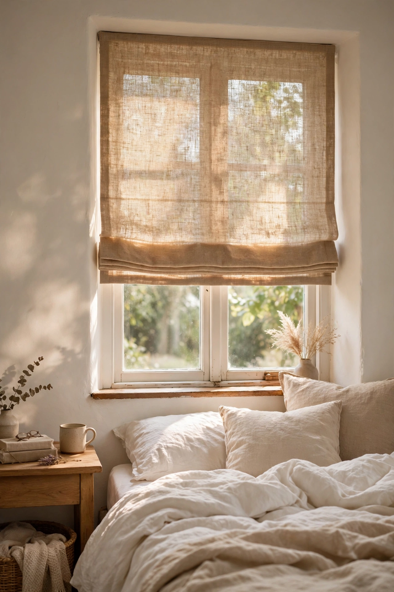 Natural flax linen roman shade mounted in a bedroom window