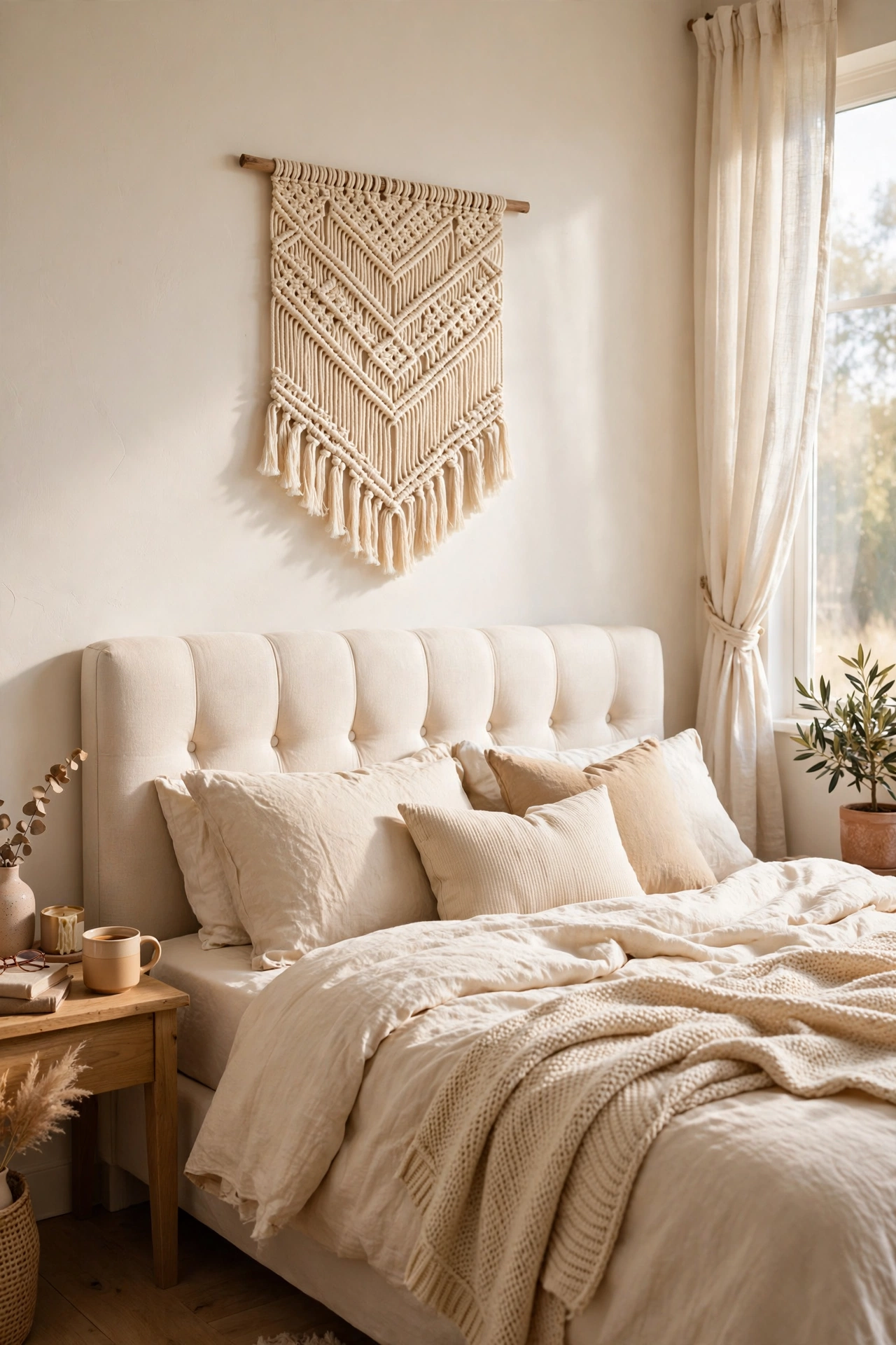 Handmade woven wall hanging in cream tones above a bedroom headboard