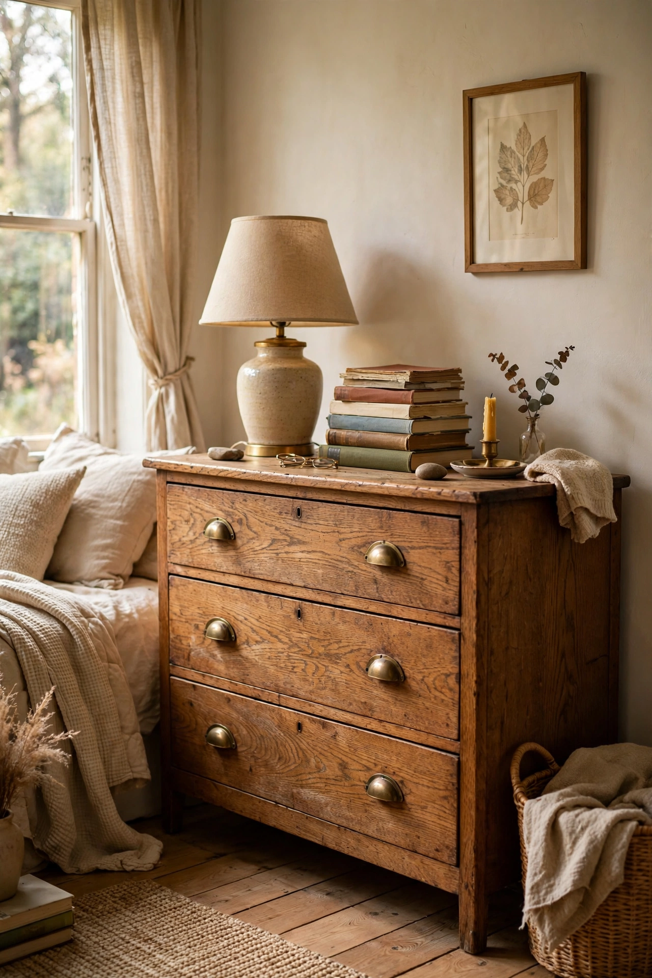 Thrifted solid wood dresser with new brass hardware in a bedroom