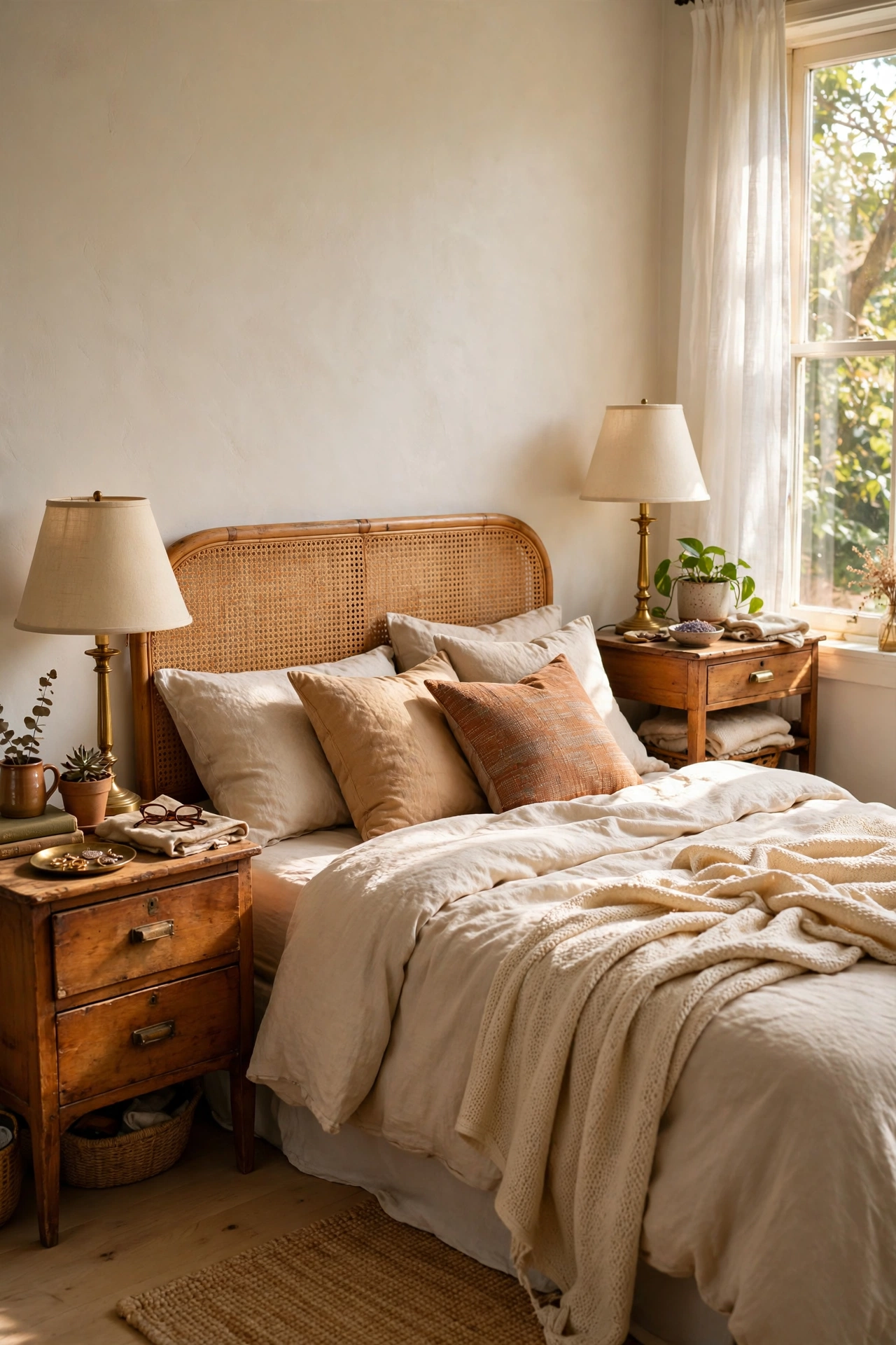 Two mismatched thrifted nightstands in warm wood tones beside a bed