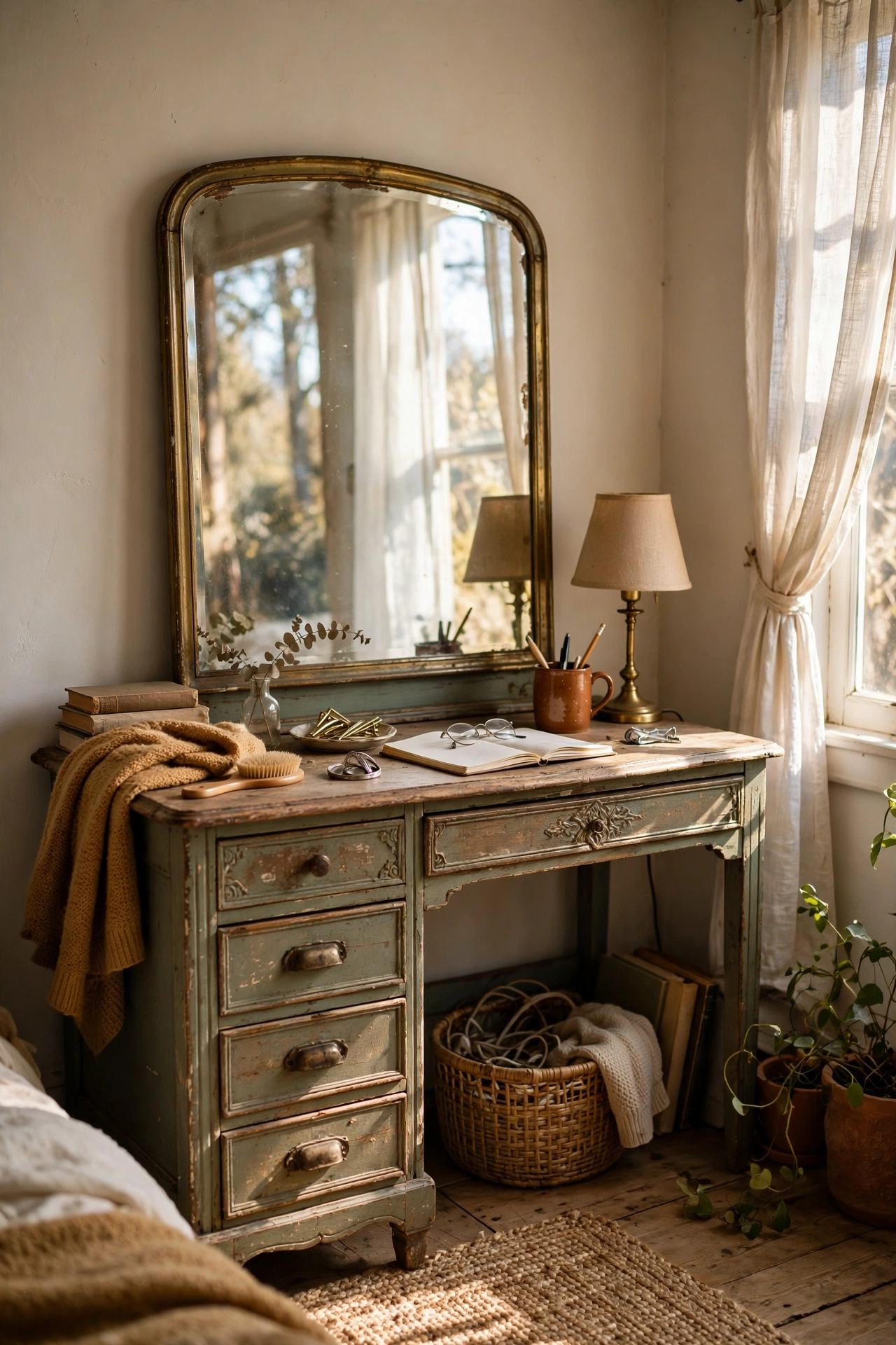 Vintage thrifted vanity with mirror used as a bedroom desk