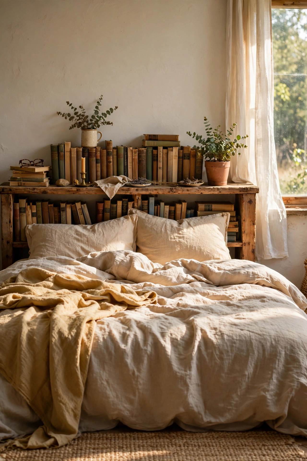 Low thrifted bookshelf anchored behind a bed used as headboard storage