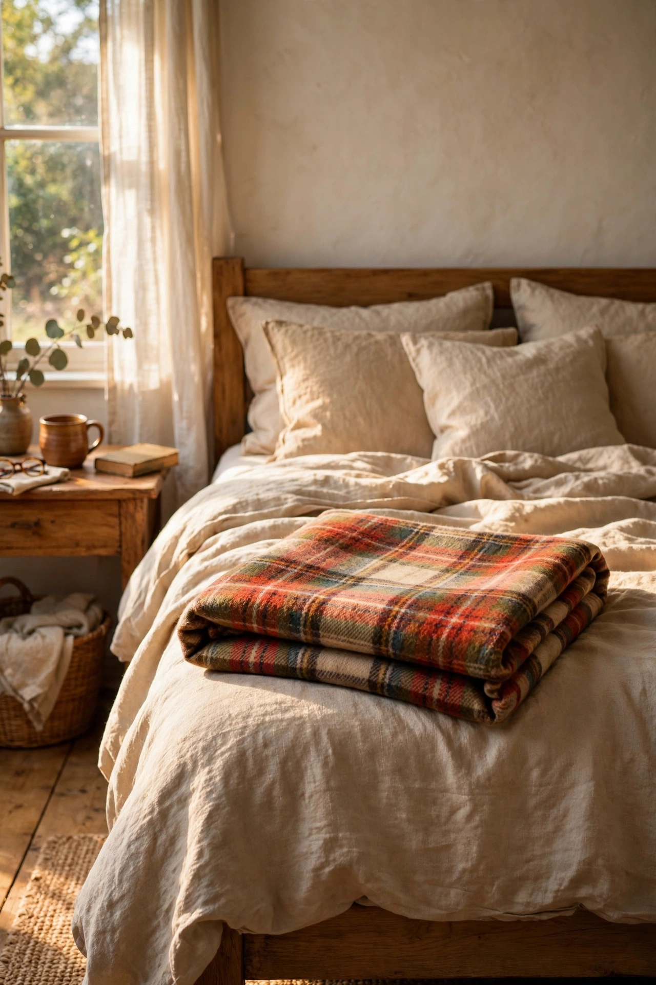 Thrifted wool plaid blanket folded at the foot of a bed