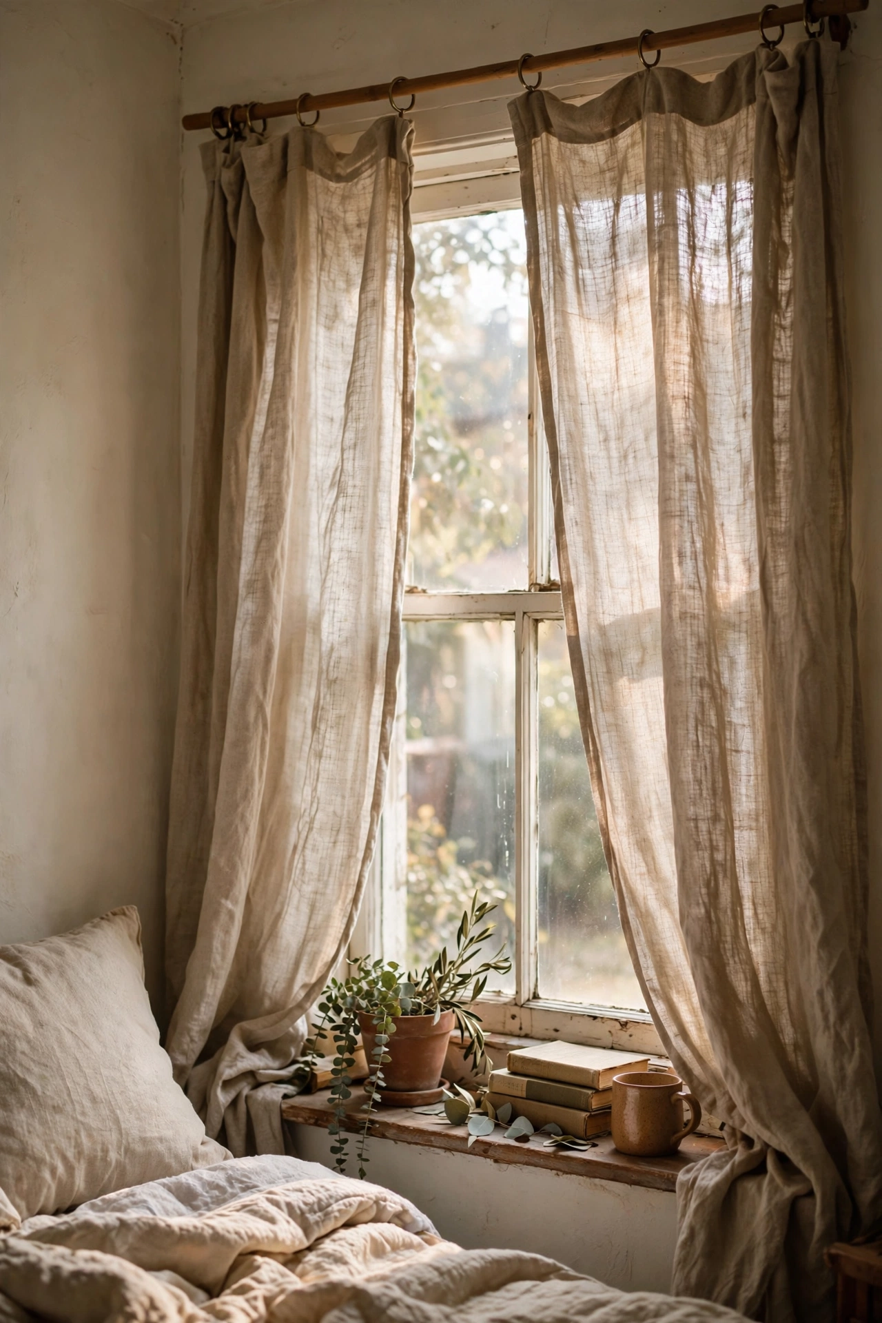 Thrifted linen curtain panels hanging on a bedroom window