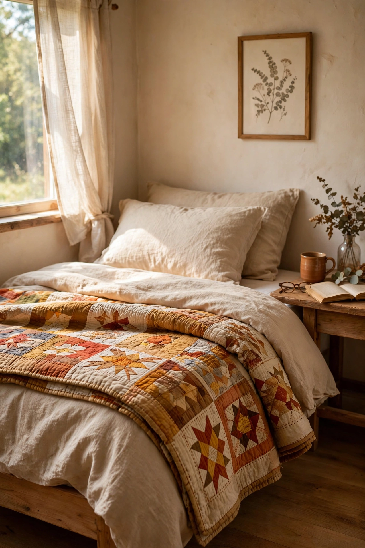Vintage hand-stitched quilt folded at the foot of a styled bed