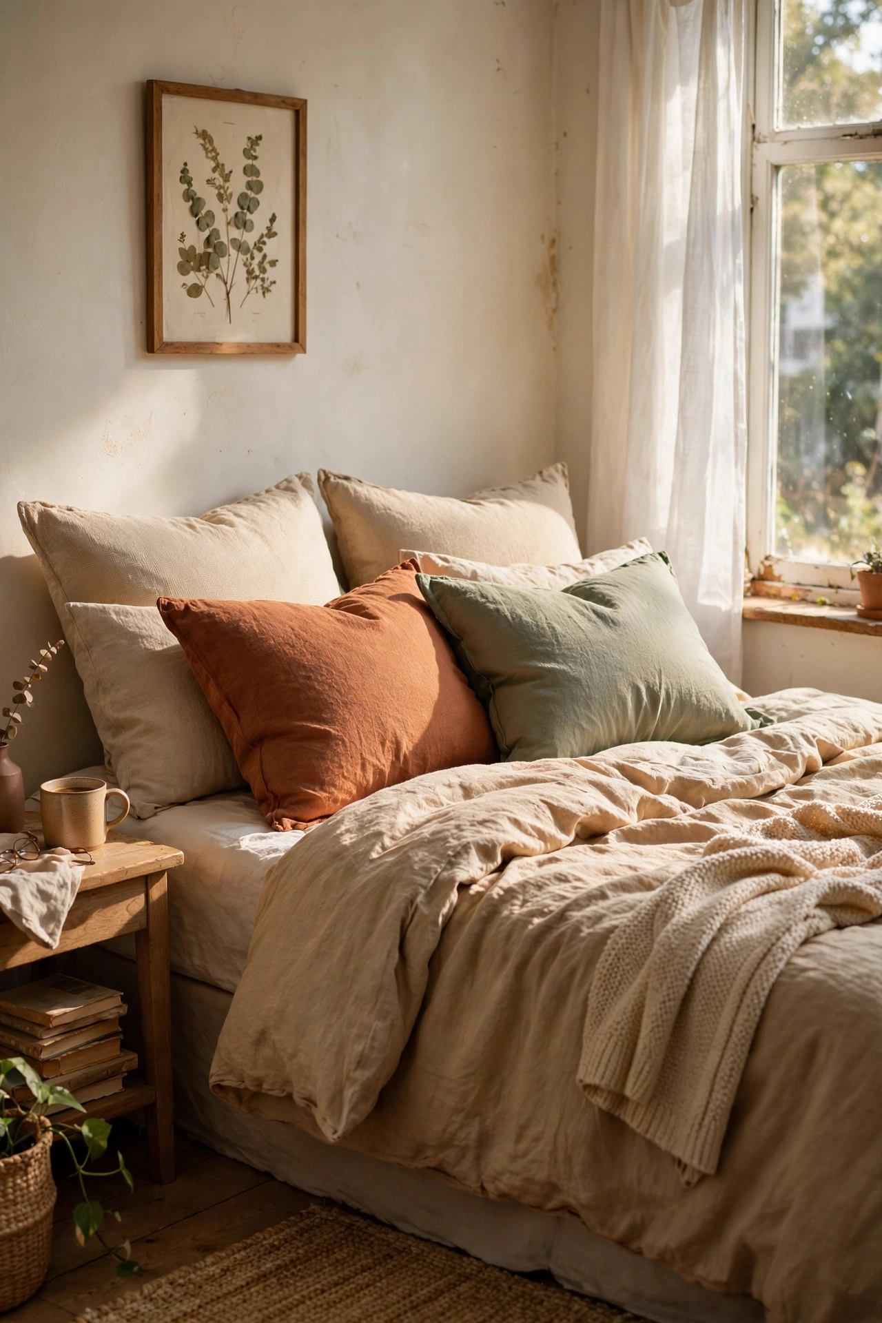 Bed styled with recovered thrifted throw pillows in new covers
