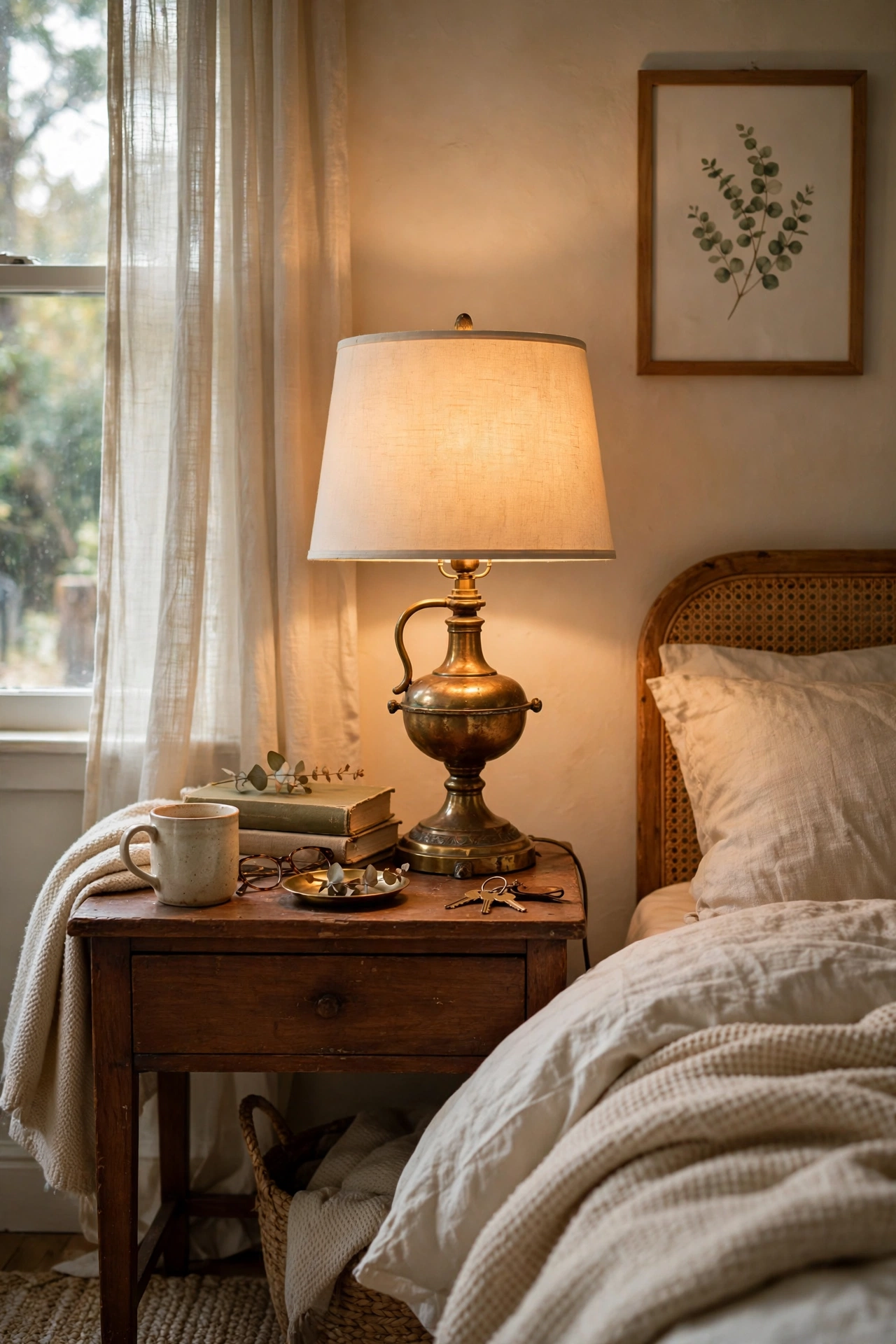 Thrifted brass table lamp with a new drum shade on a nightstand