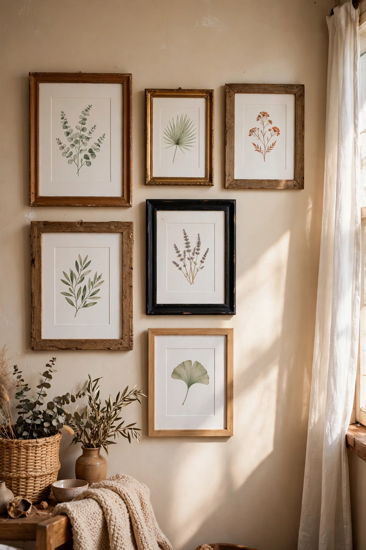 Thrifted frames with swapped art and fresh white mats on a bedroom wall