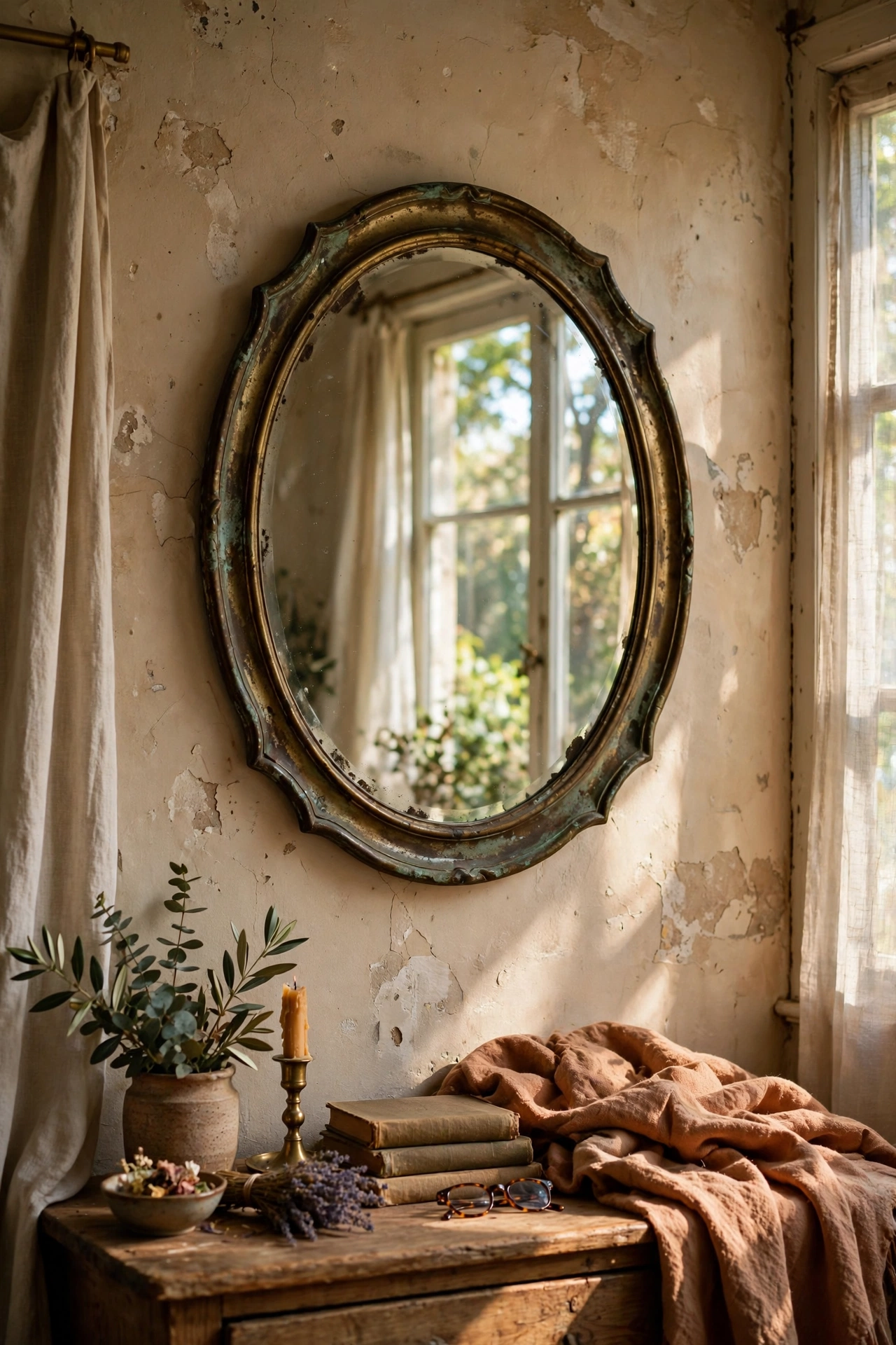 Vintage brass-framed mirror with aged patina on a bedroom wall