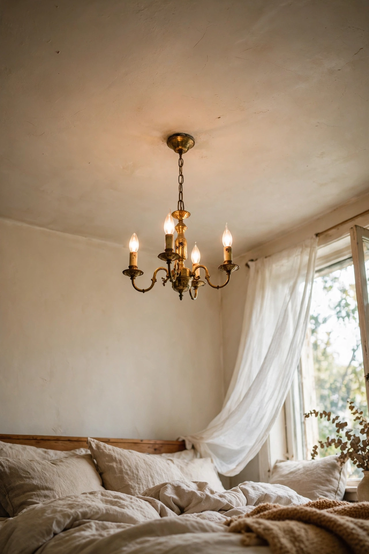 Small thrifted brass chandelier hanging in a bedroom