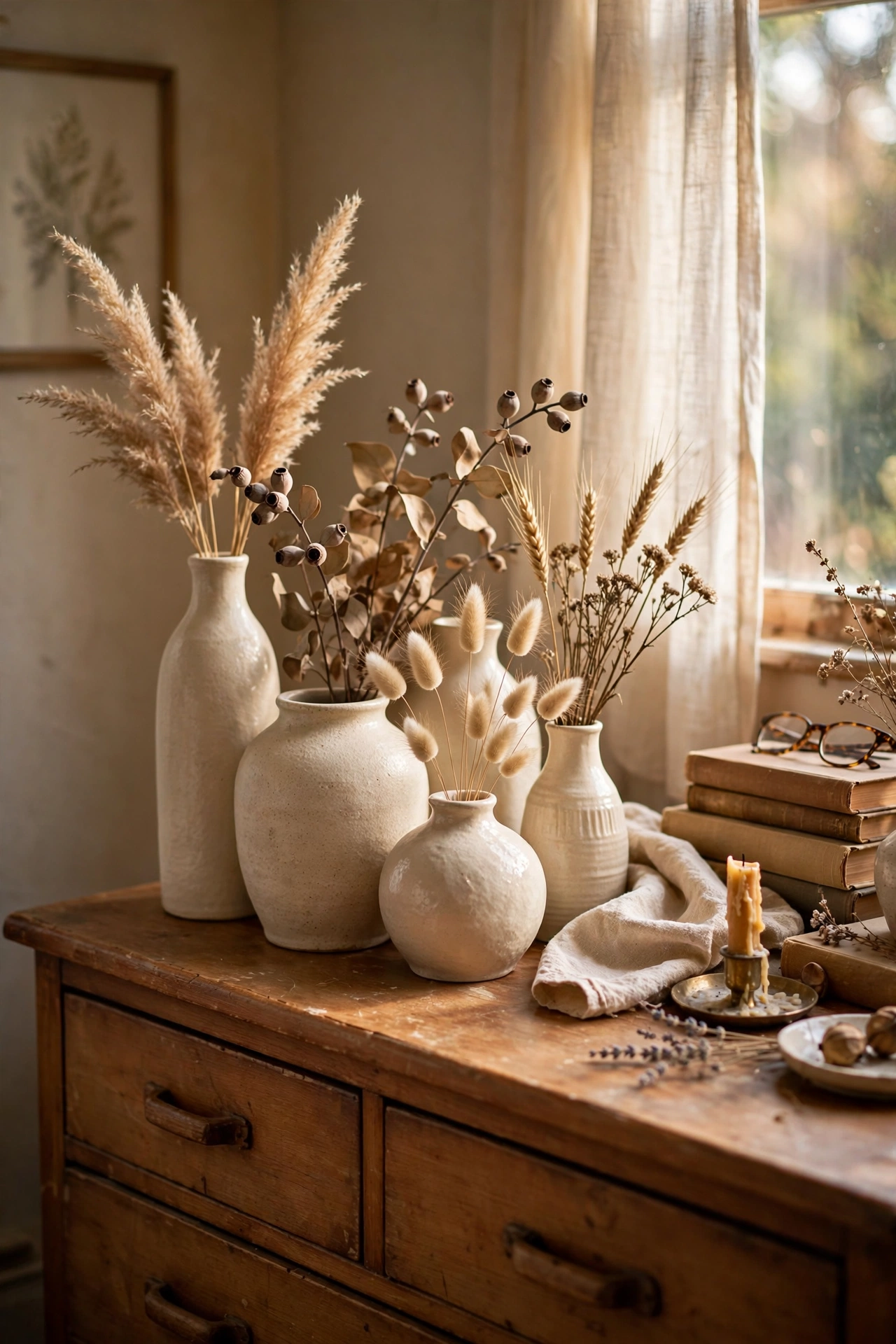 Cluster of thrifted ceramic vases in cream tones on a bedroom dresser