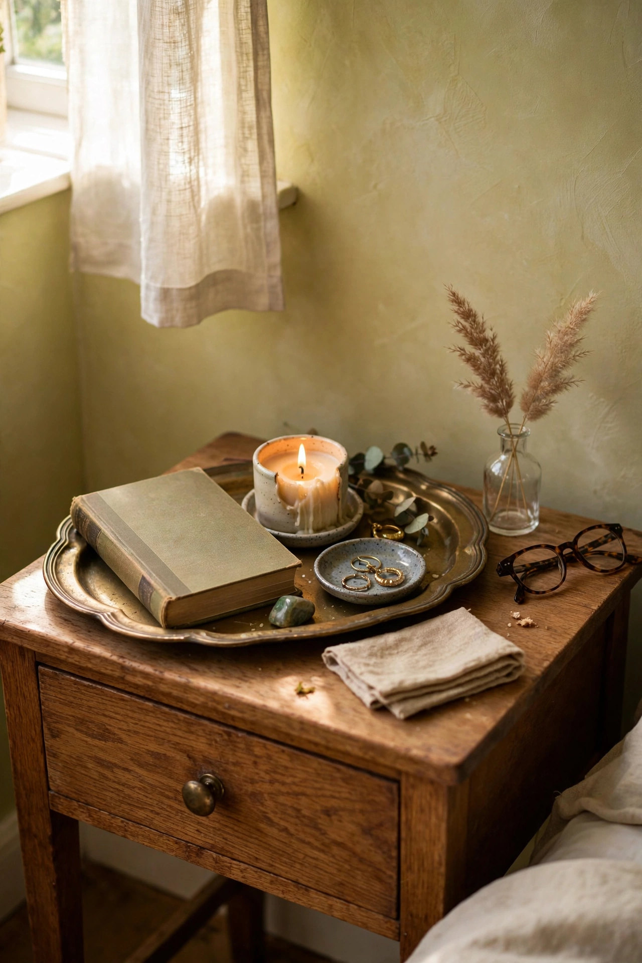 Thrifted brass-trimmed tray organizing a nightstand with book and candle