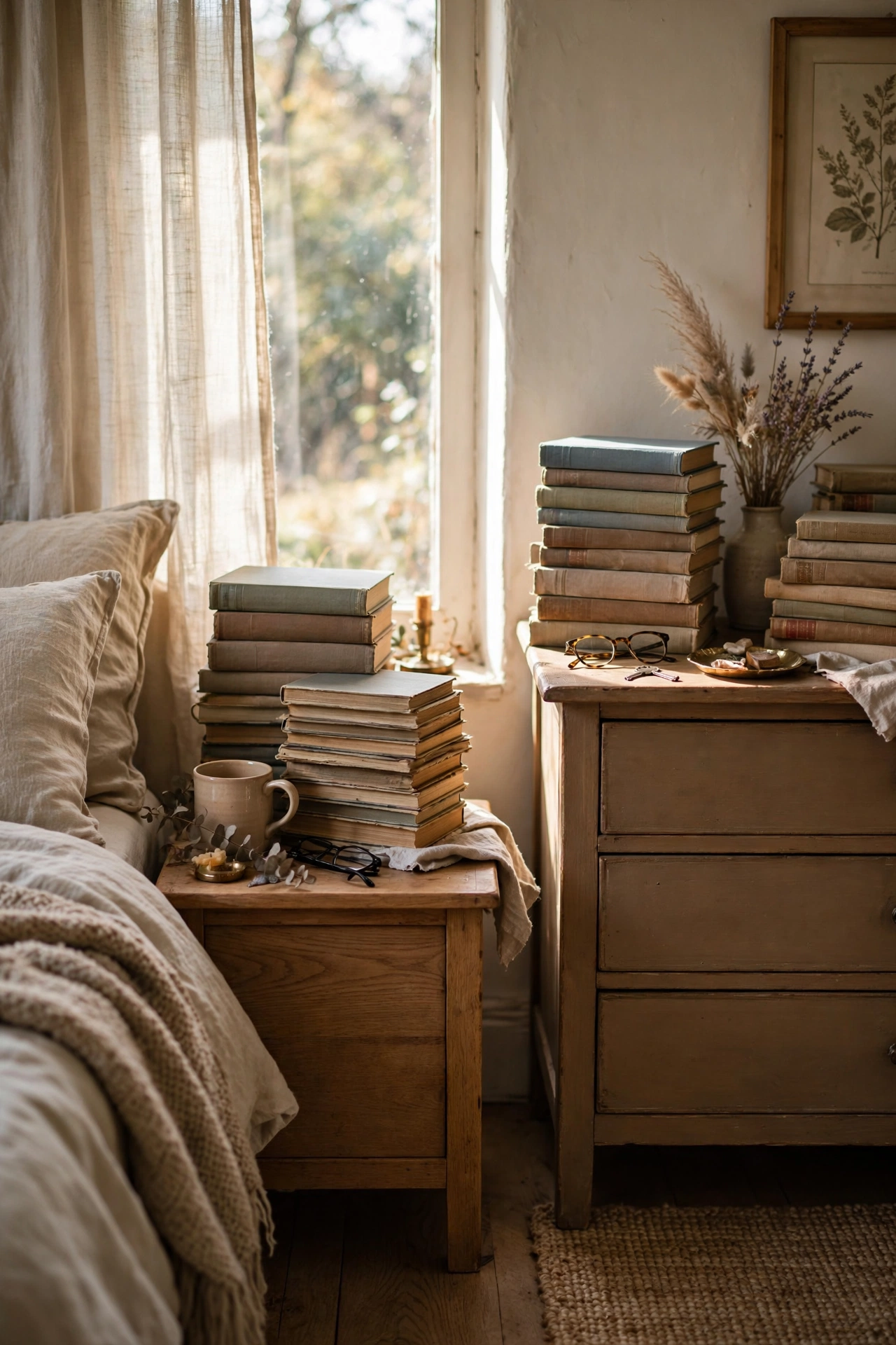 Stacks of thrifted vintage clothbound books styled on bedroom furniture