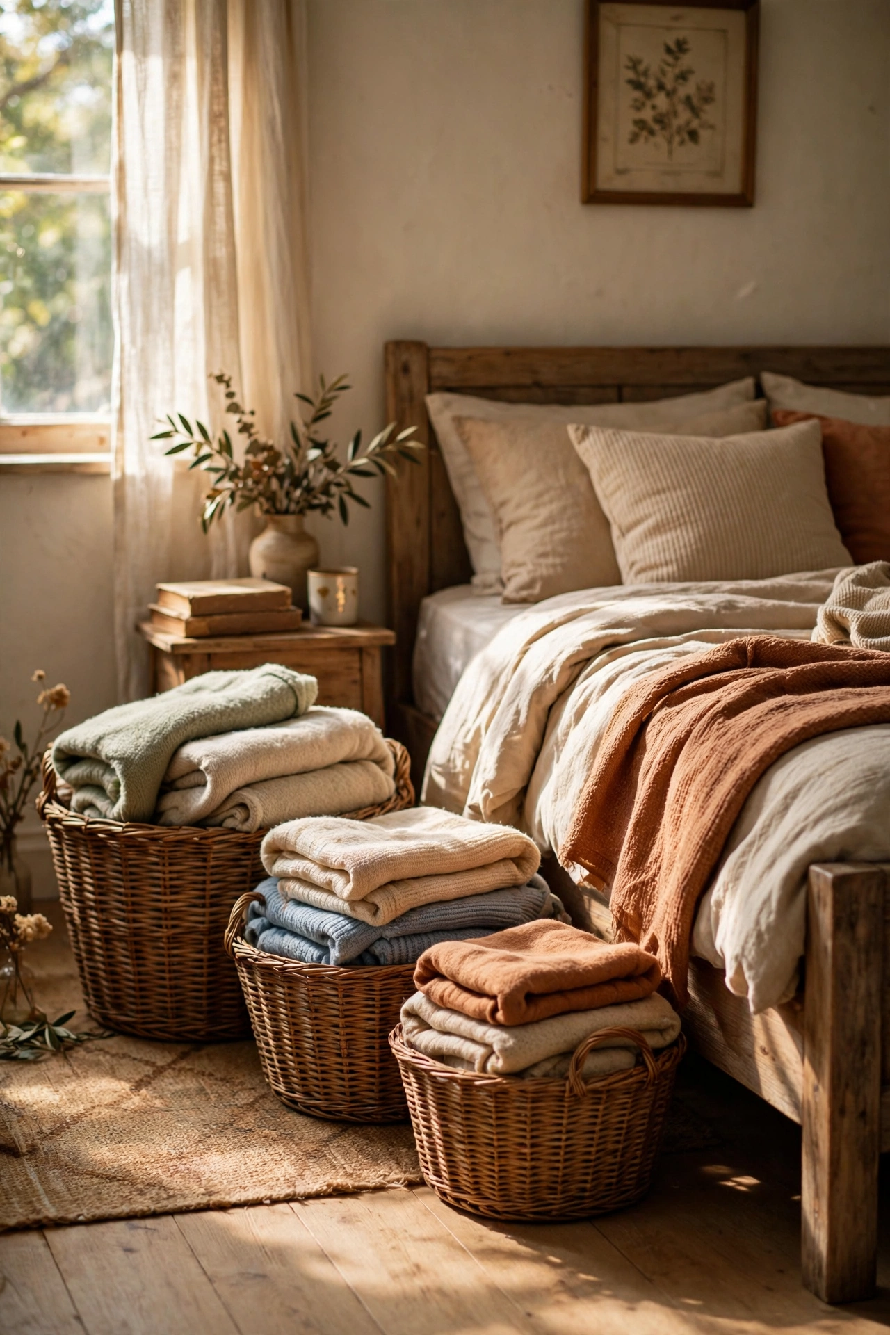 Thrifted wicker baskets used for storage beside a bed and dresser
