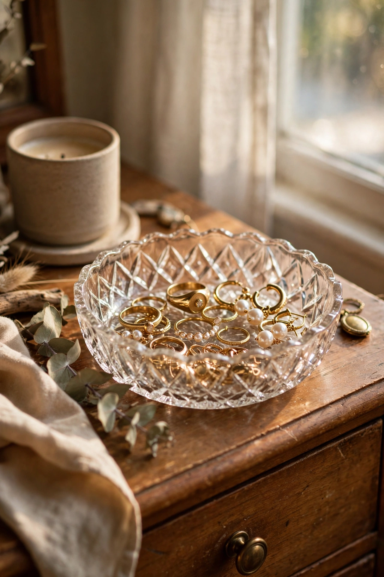 Thrifted cut-glass dish holding rings on a bedroom dresser