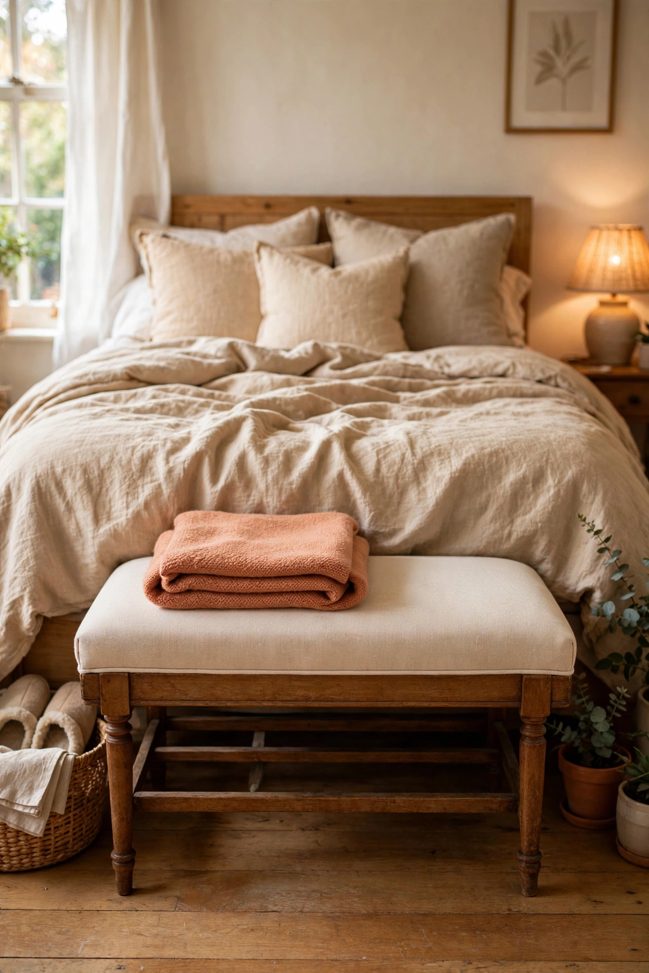 Thrifted bench with recovered seat at the foot of a styled bed