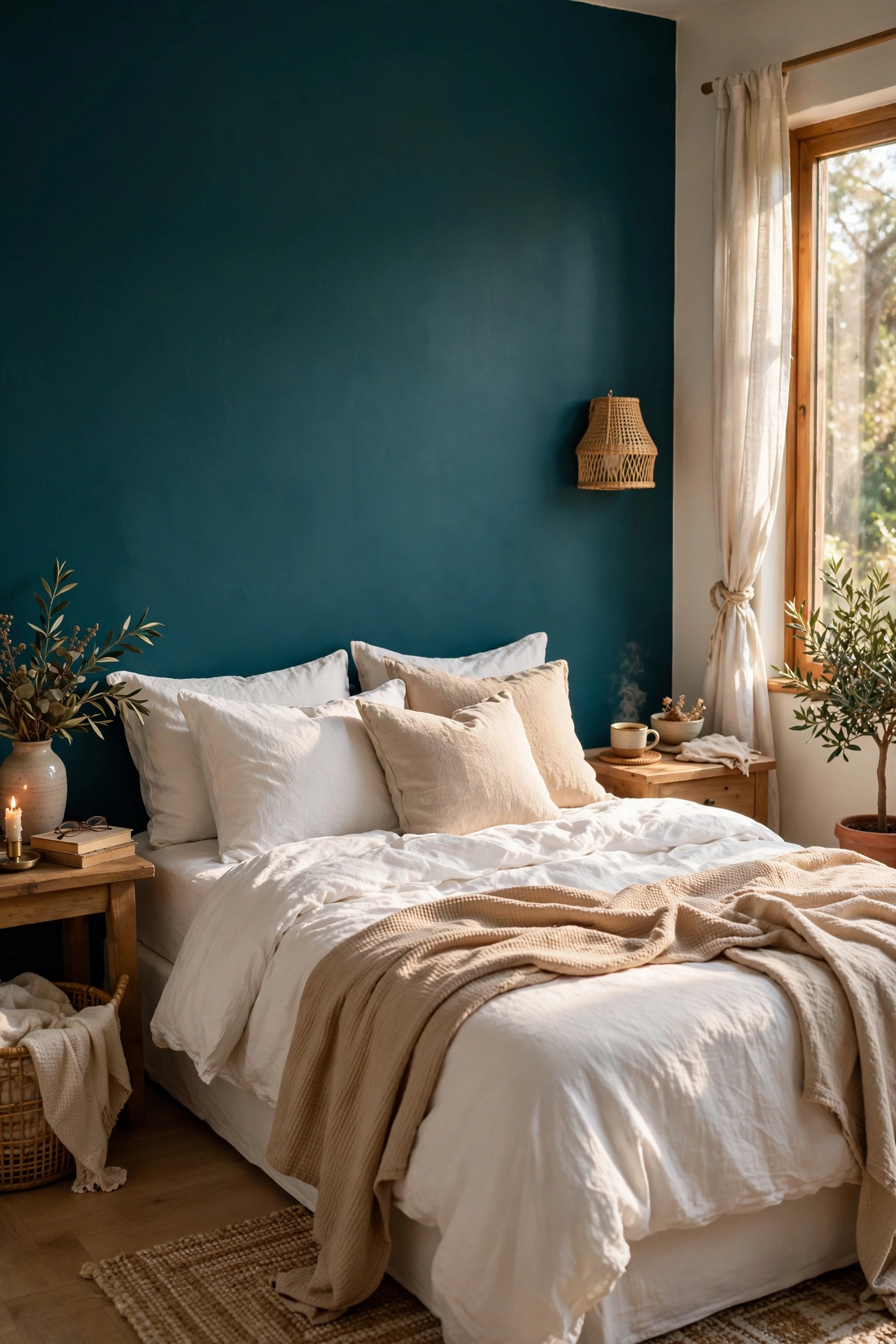 Bedroom with one deep teal painted accent wall behind the bed
