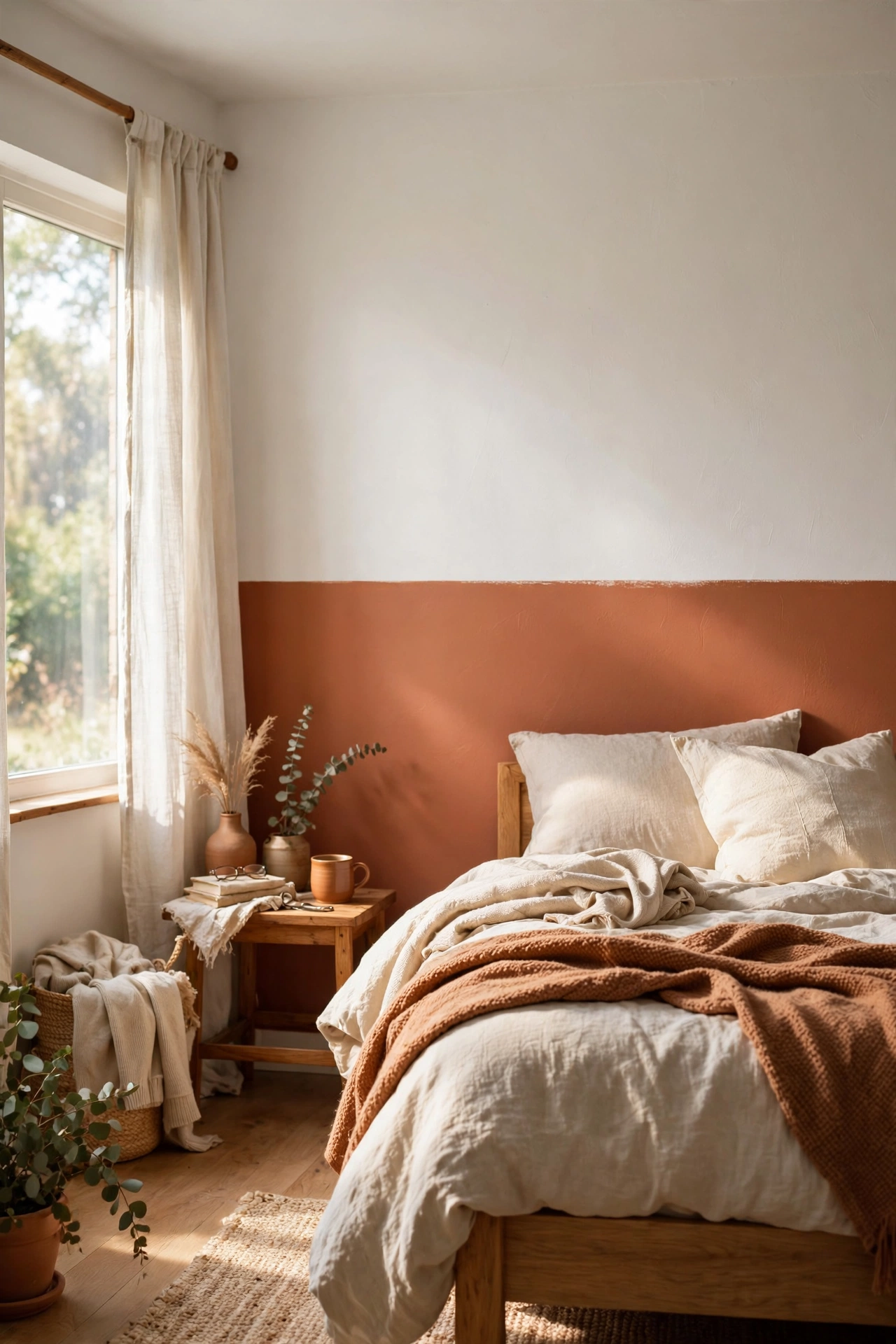 Bedroom wall painted warm clay on the lower half with a crisp line