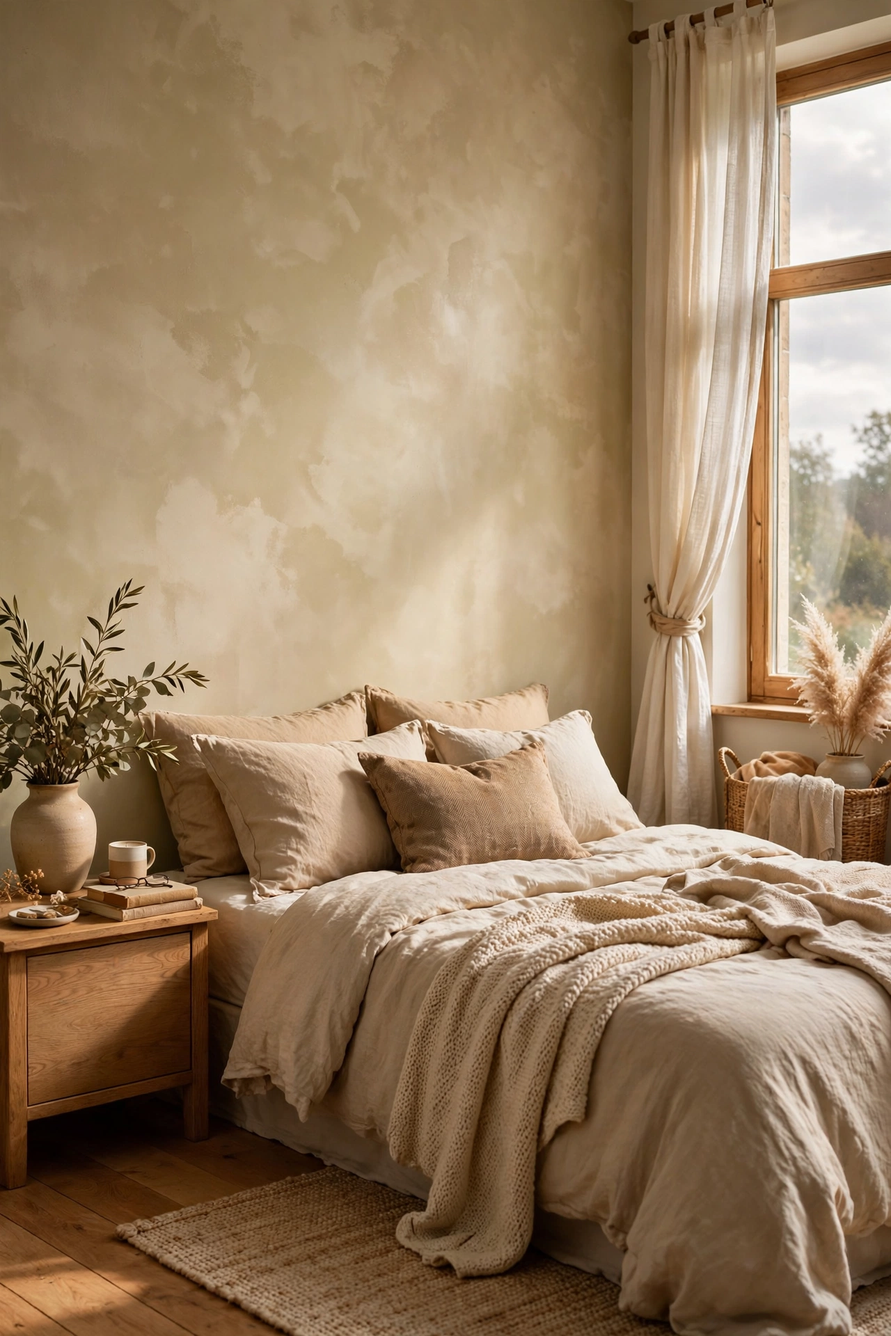 Bedroom accent wall with a cloudy limewash paint effect in warm beige