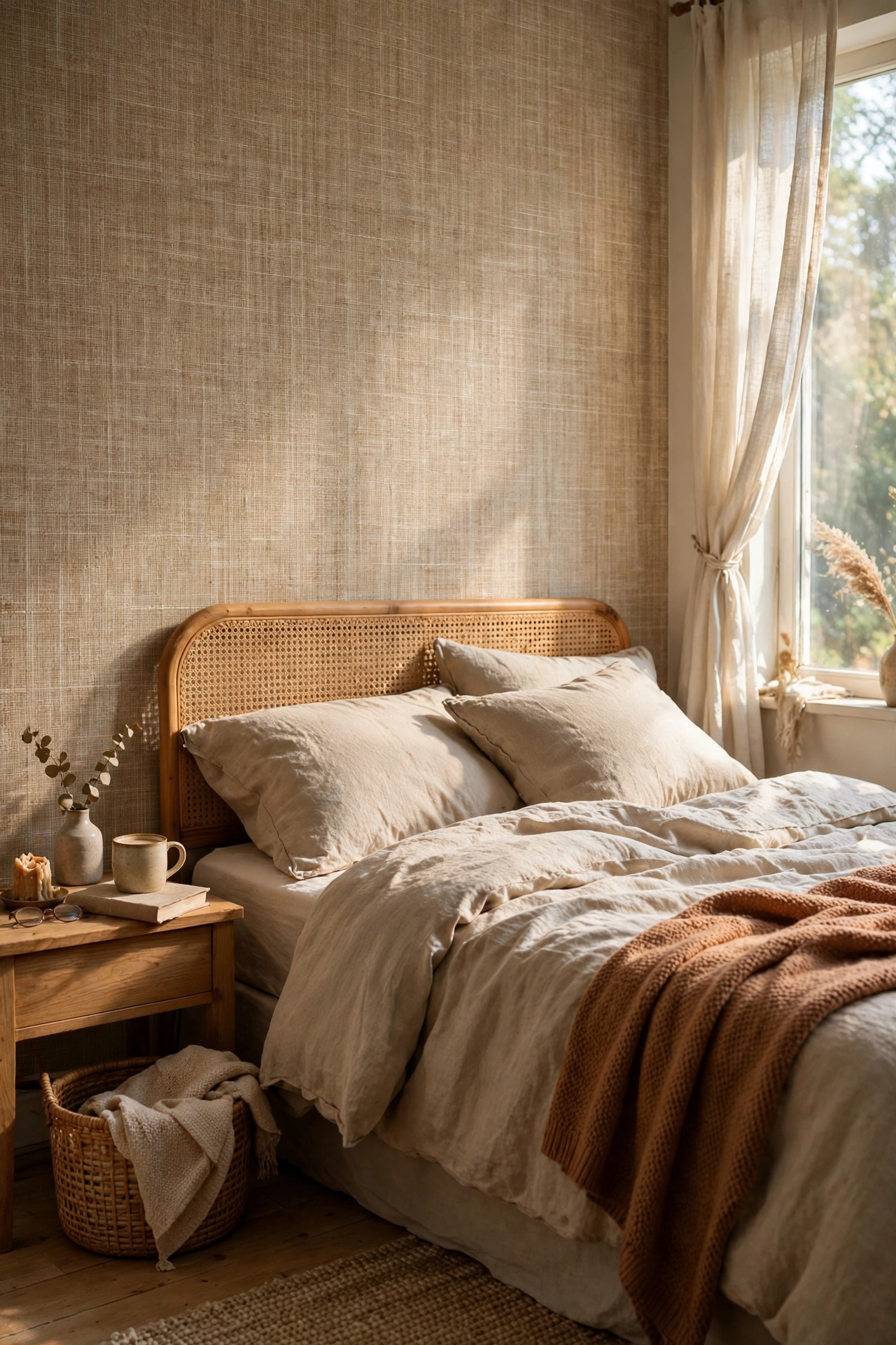 Bedroom accent wall covered in peel-and-stick grasscloth wallpaper