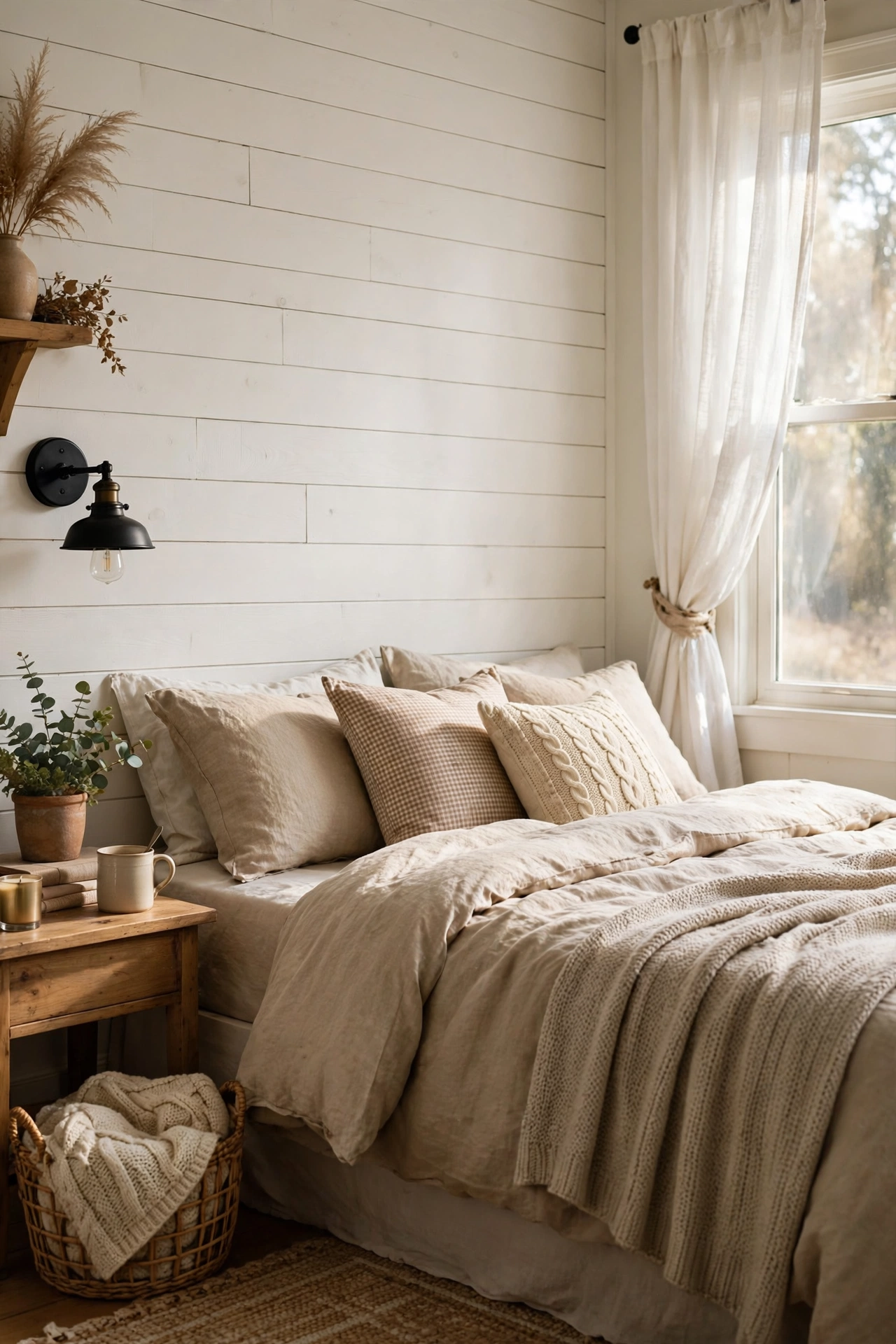 Bedroom accent wall with peel-and-stick white shiplap planks