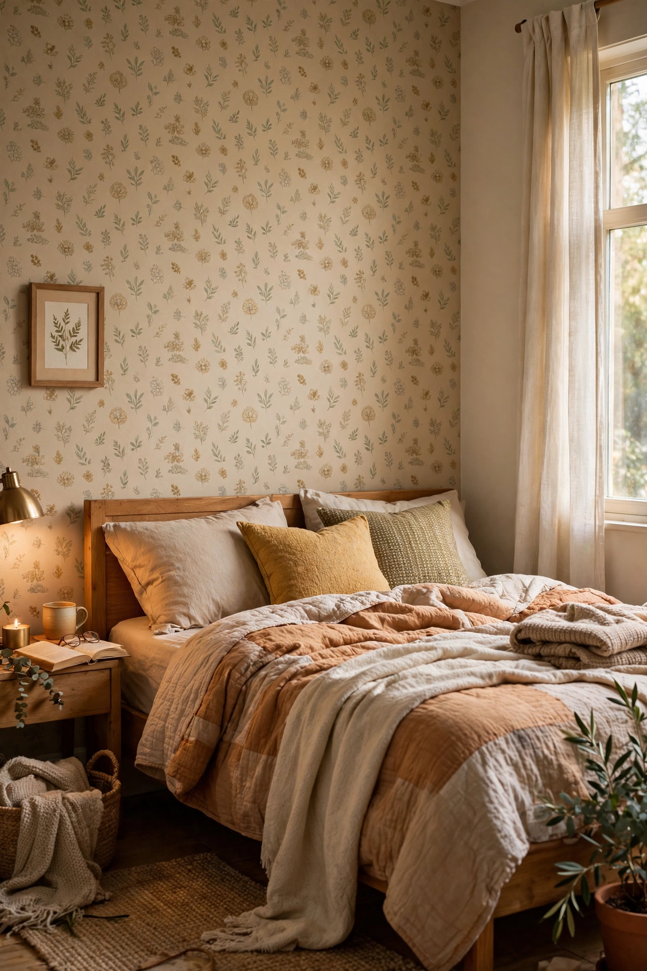 Bedroom accent wall covered in patterned wrapping paper as wallpaper