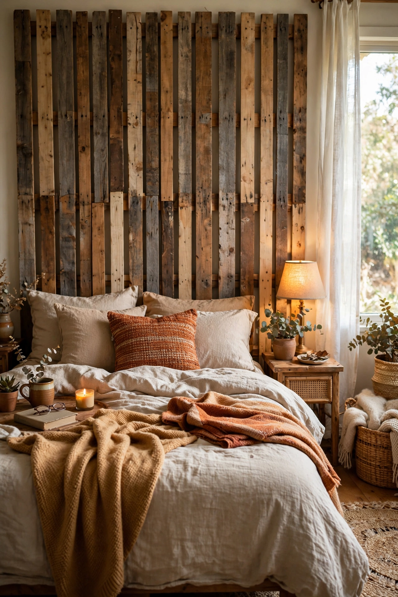 Bedroom accent wall made of reclaimed pallet wood slats in mixed tones