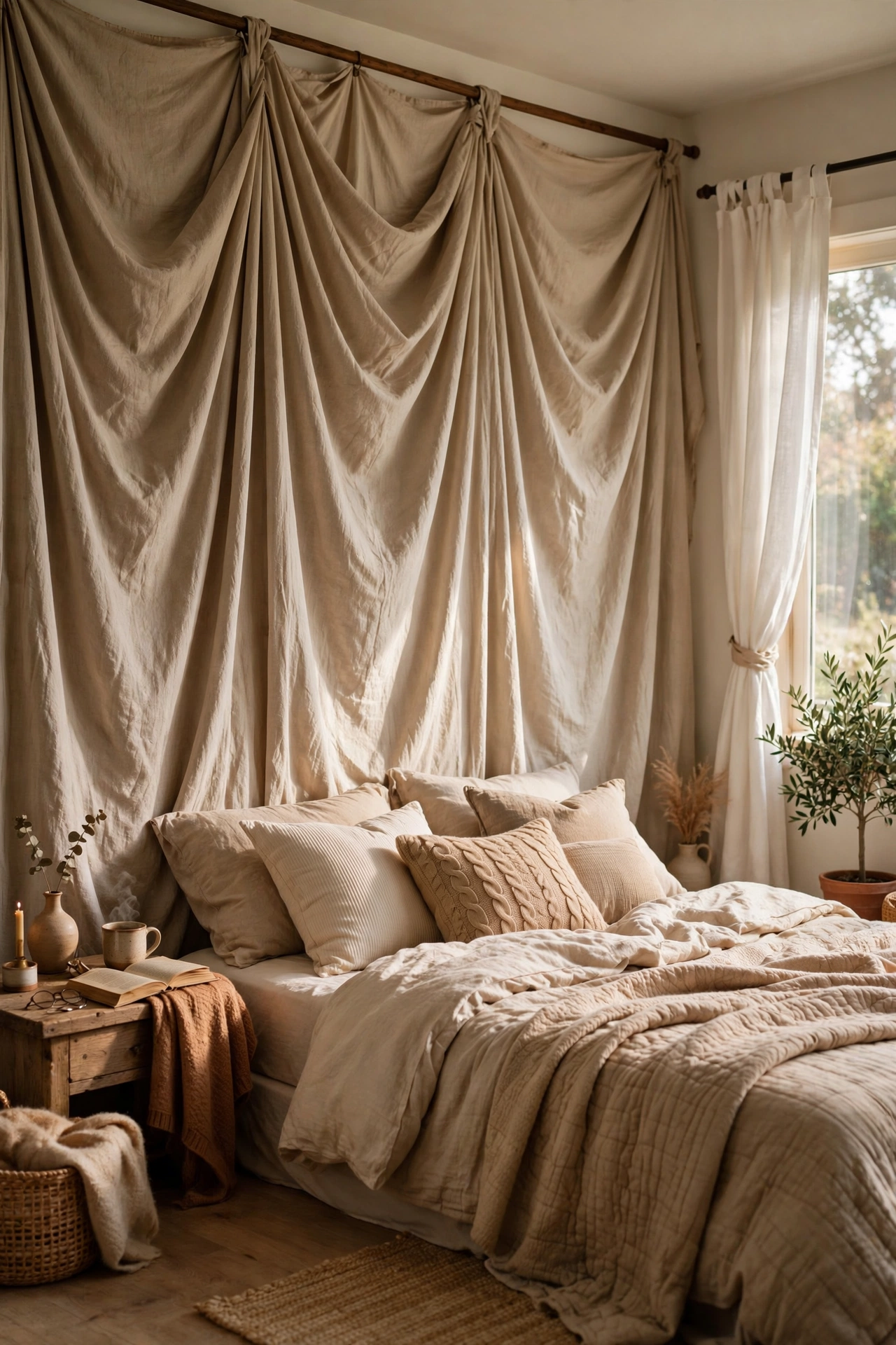 Bedroom wall covered with draped fabric hung from a curtain rod