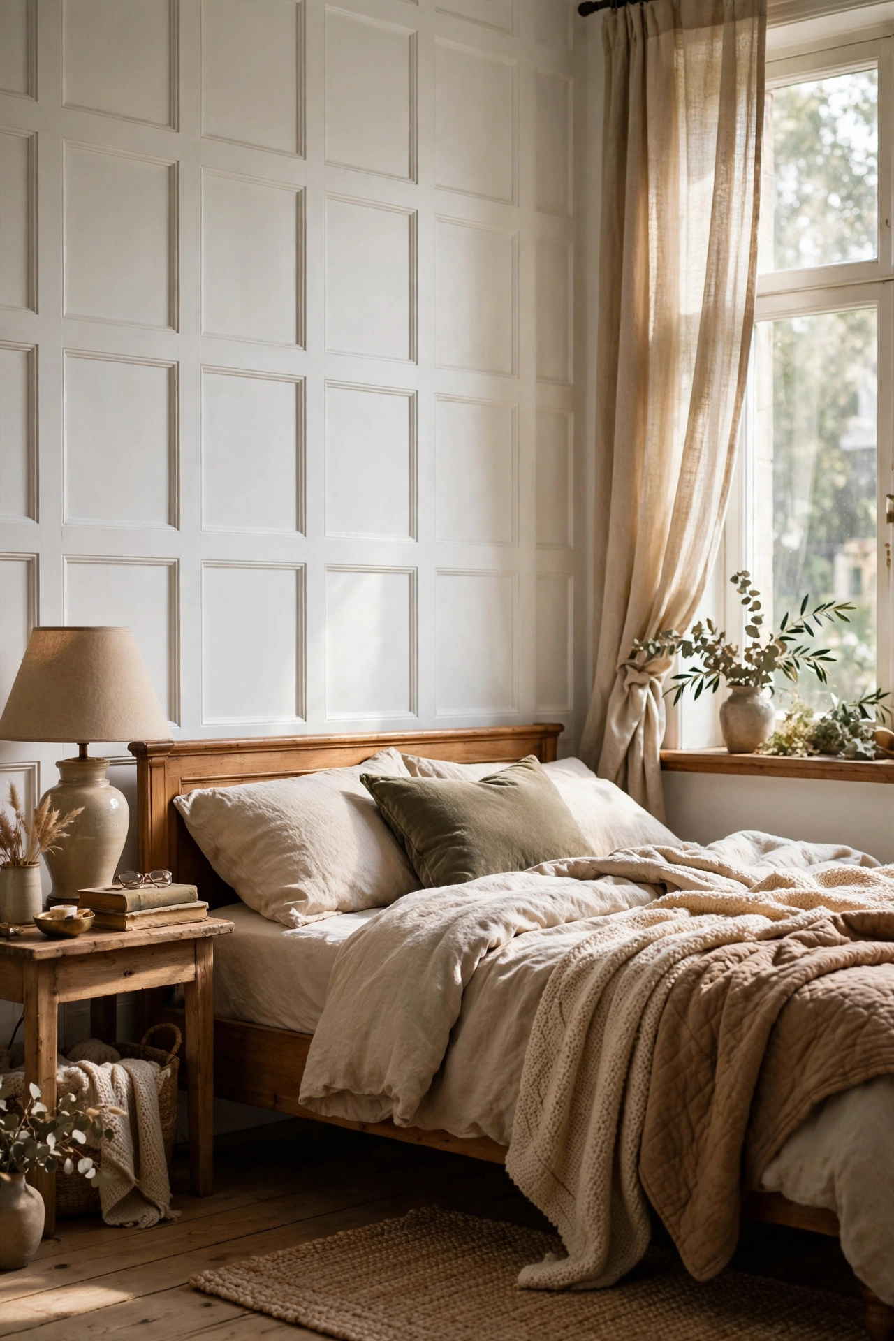 Bedroom accent wall with painted board-and-batten grid paneling