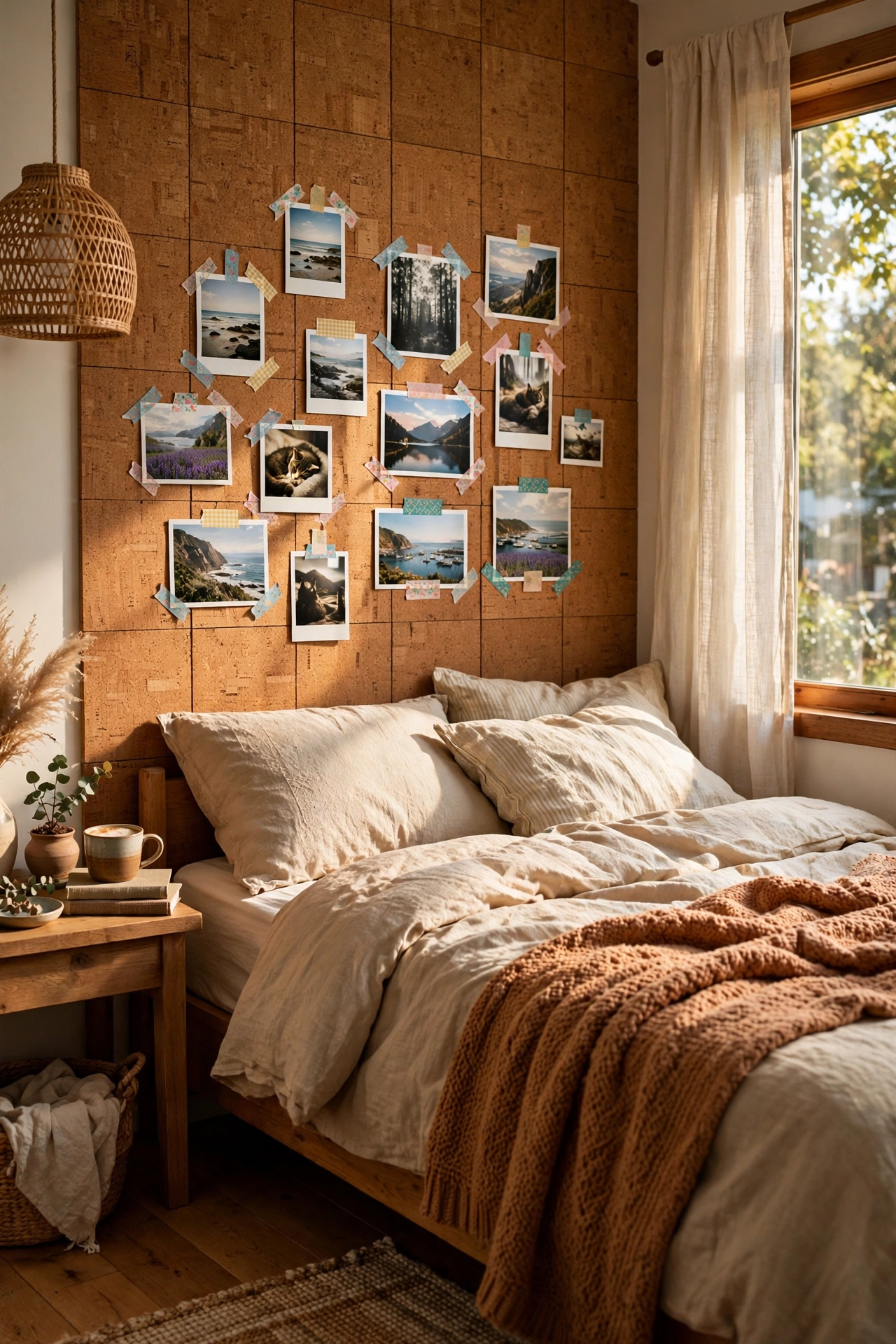 Bedroom accent wall of cork tiles with photos pinned behind the bed