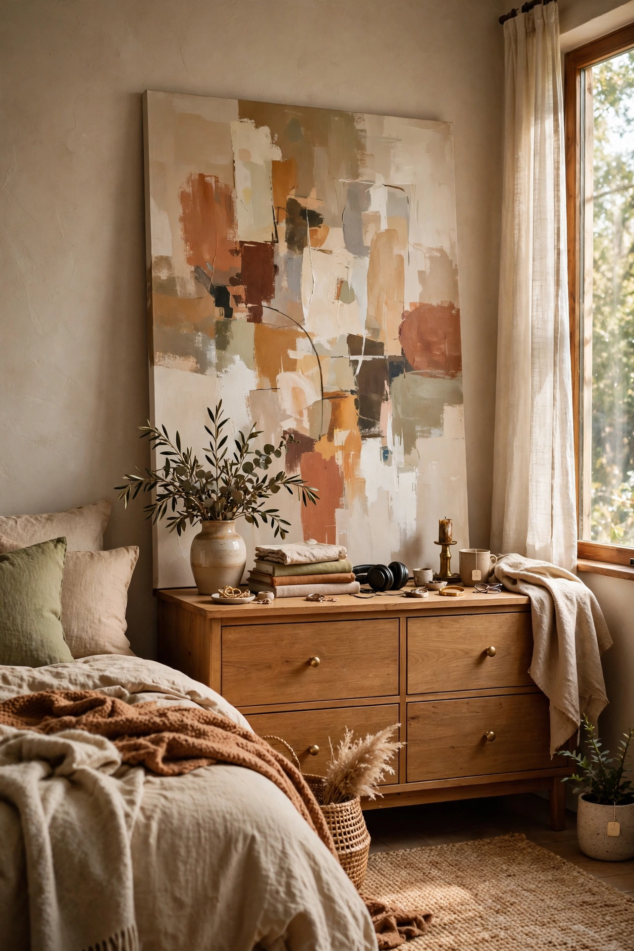 Large abstract canvas leaned against a bedroom wall behind a dresser