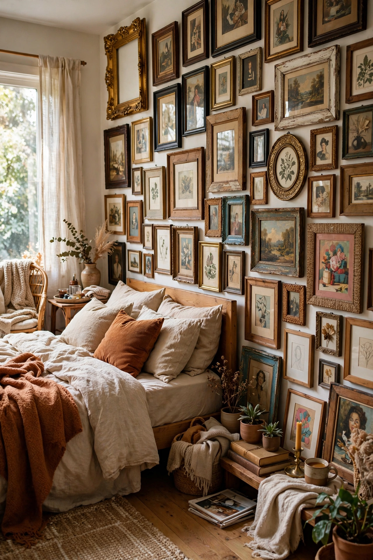 Floor-to-ceiling gallery wall of mixed frames covering a bedroom wall