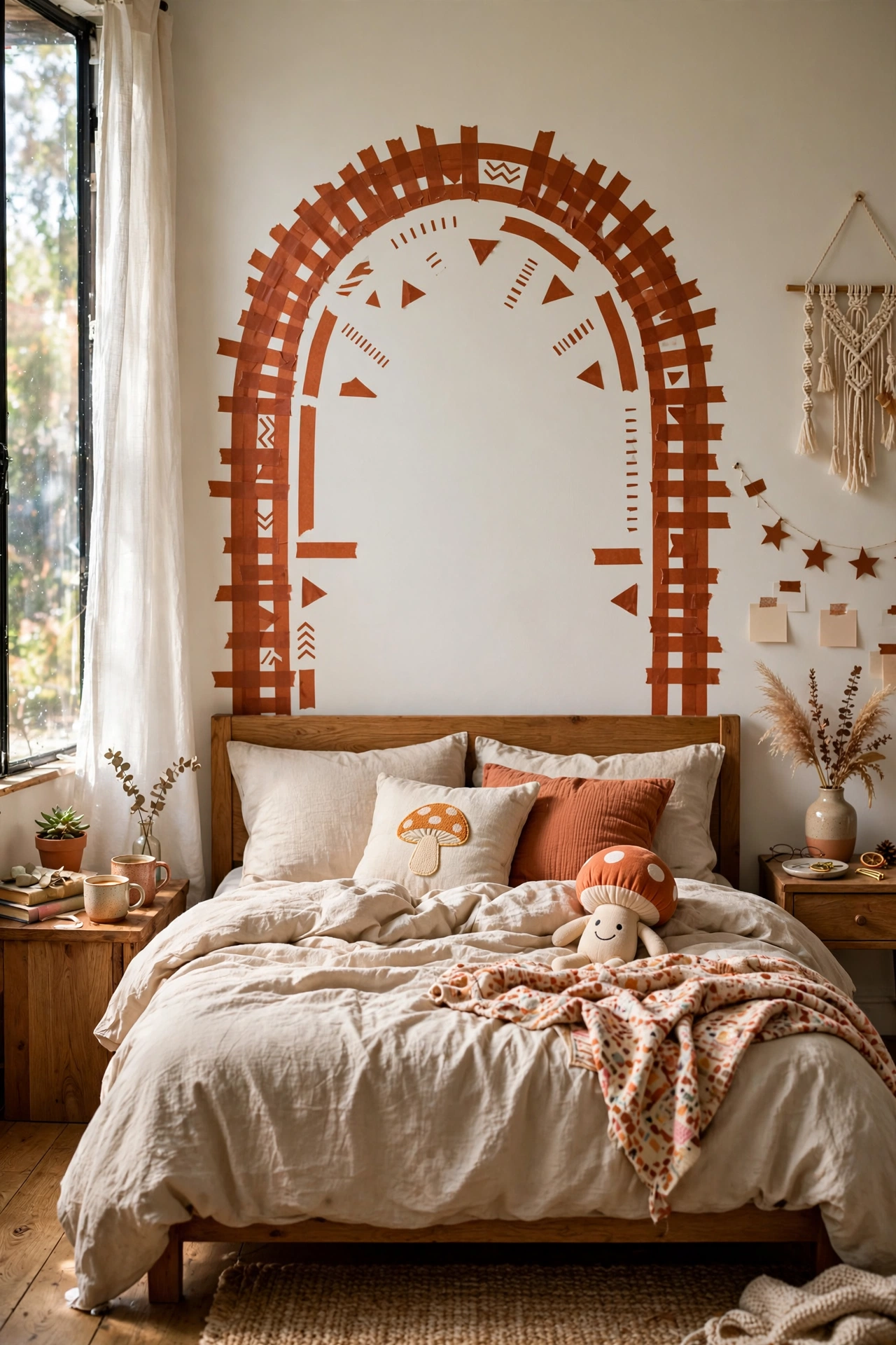 Bedroom wall with a terracotta washi tape arch pattern behind the bed