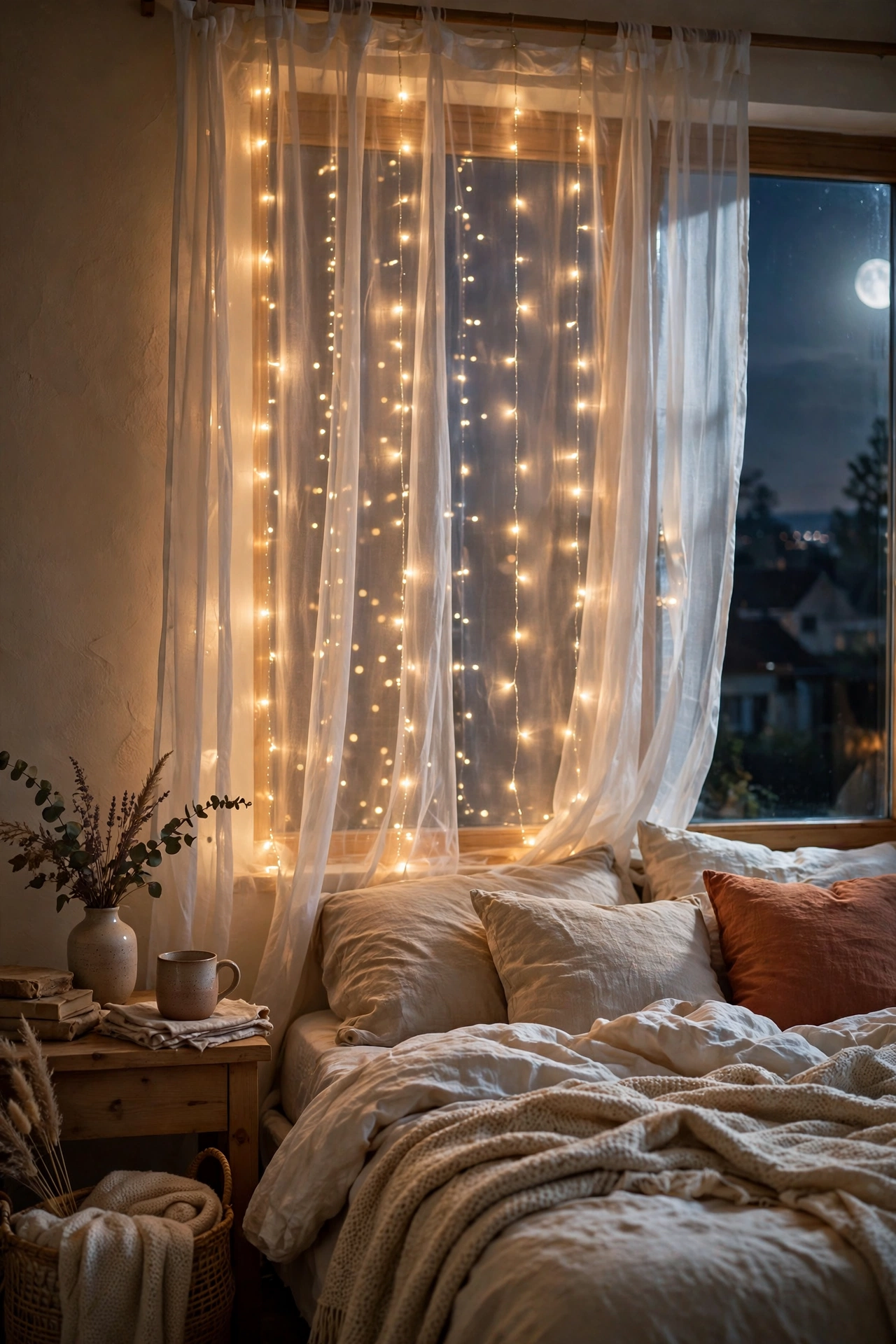 Bedroom wall covered with a curtain of warm fairy lights behind sheers