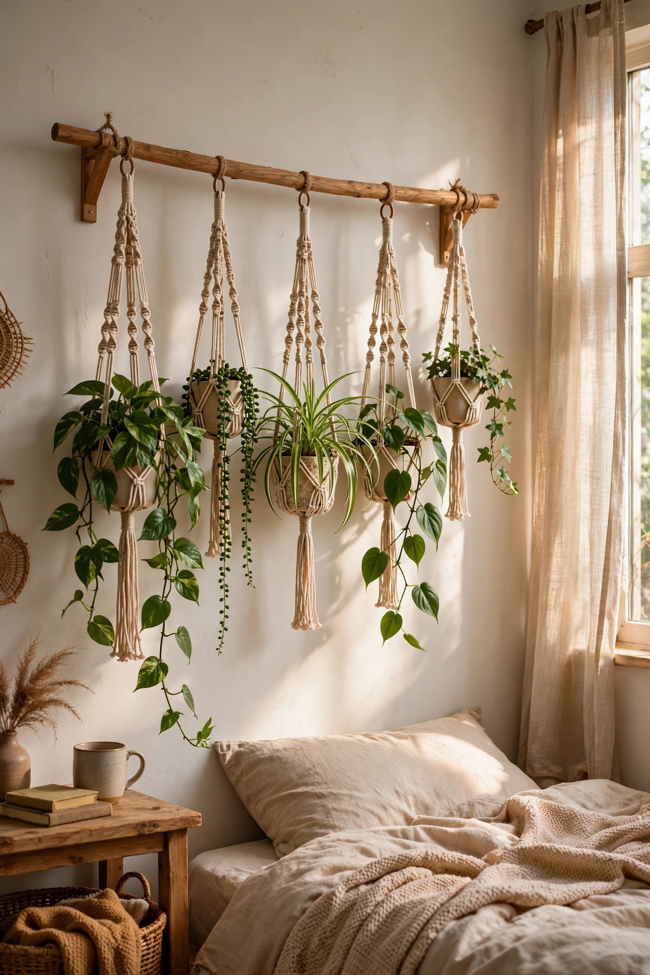 Bedroom wall section with hanging plants in macrame holders on a dowel