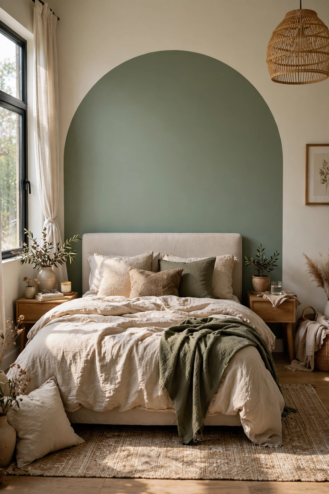 Bedroom wall with a sage green painted arch behind the headboard