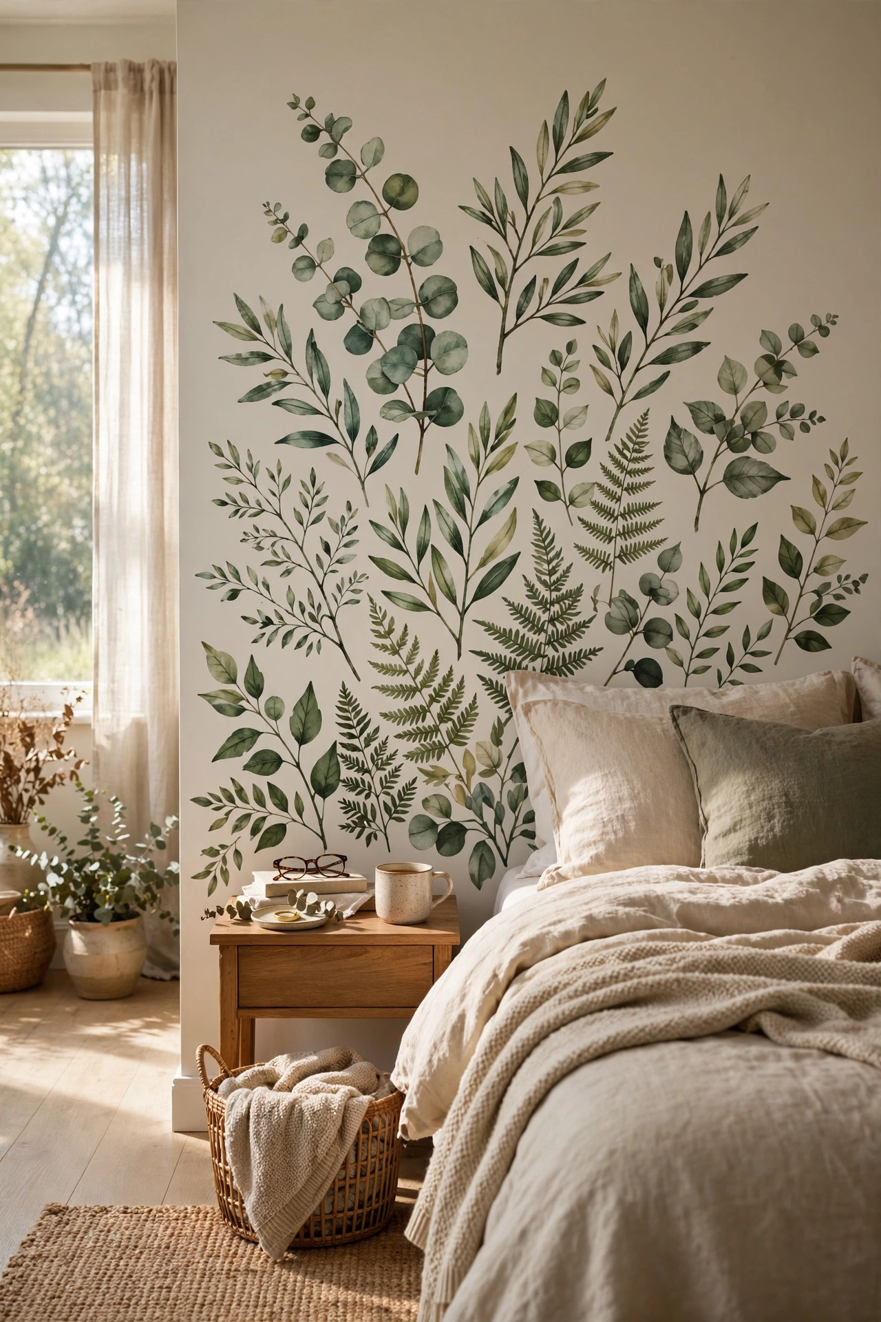 Bedroom wall with a large removable botanical decal mural
